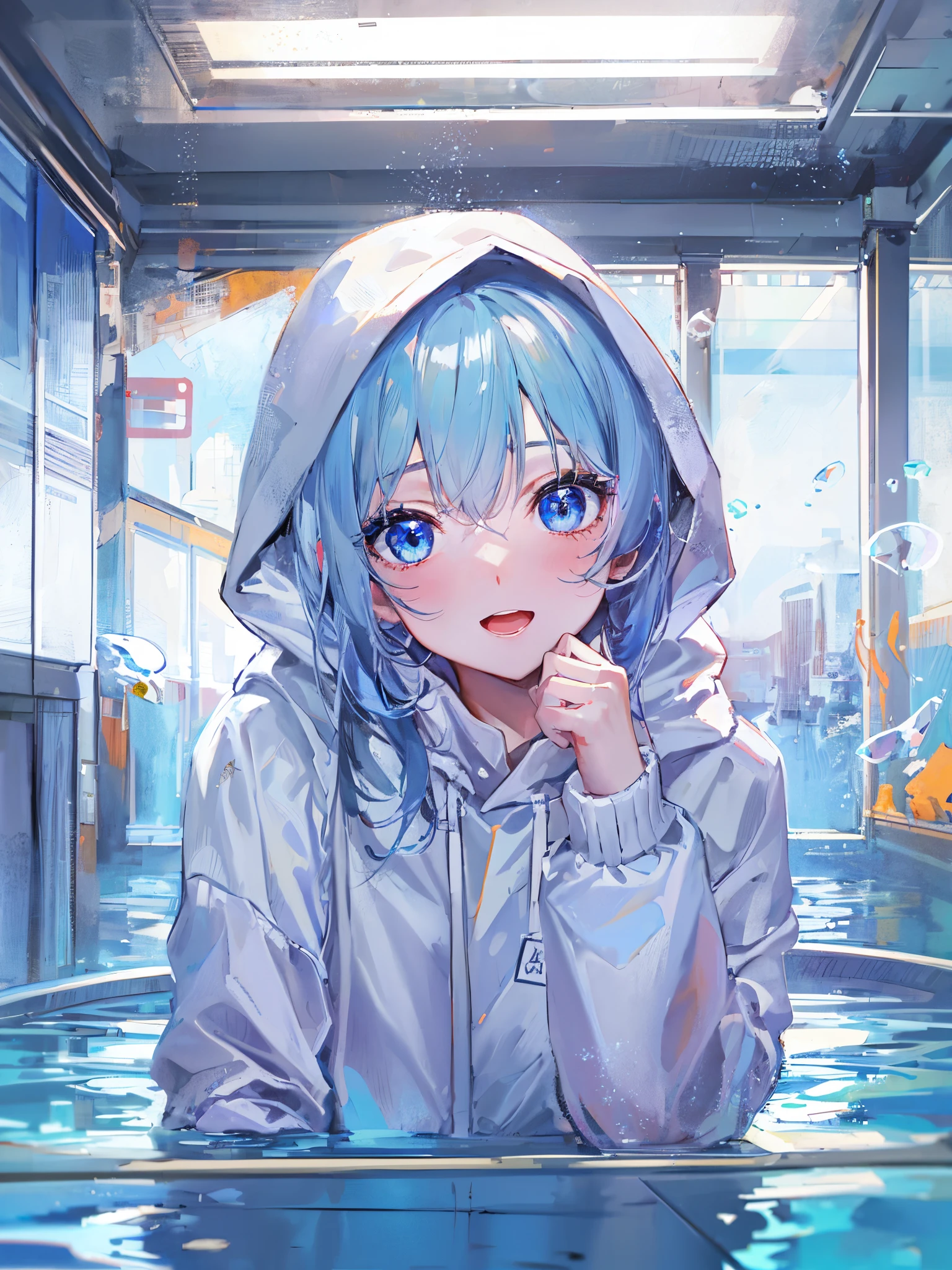 ((top-quality)), ((​masterpiece)), ((ultra-detailliert)), (Extremely delicate and beautiful), girl with, 独奏, cold attitude,((White hoodie)),She is very(relax)with  the(Settled down)Looks,depth of fields,Evil smile,Bubble, under the water, Air bubble,Underwater world bright light blue eyes,inner color with bright gray hair and light blue tips,,,,,,,,,,,,,,,,,,,,,,Cold background,Bob Hair - Linear Art, shortpants、knee high socks、White uniform like school uniform、Light blue ribbon ties、Clothes are sheer、The hand in my right pocket is like a sapphire,Fronllesse Blue, A small blue light was floating、fantastic eyes、selfy,Self-shot、Bangs fall on the eyes, give a sexy impression.