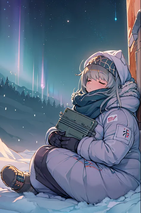masutepiece、One girl、Winter gear、Antarctic base、Looking up at the Northern Lights、bbw,In a sleeping bag、Are sleeping