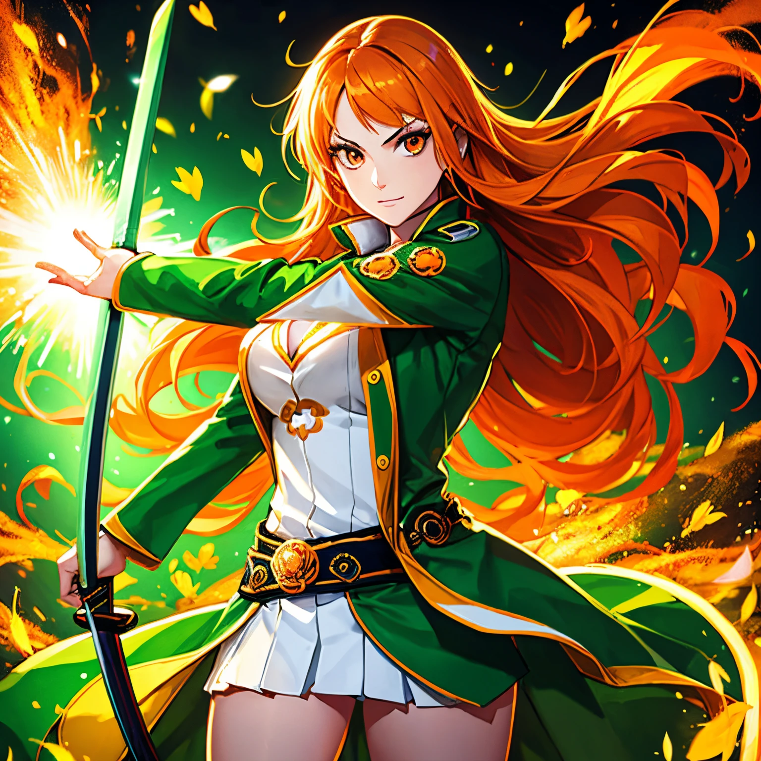 Grande et belle femme, cheveux orange vif, cheveux longs, vêtue d'un manteau vert, et un uniforme rayonnant une énergie positive, Beaux yeux oranges, tenant une épée katana, un design trèfle sur sa tenue