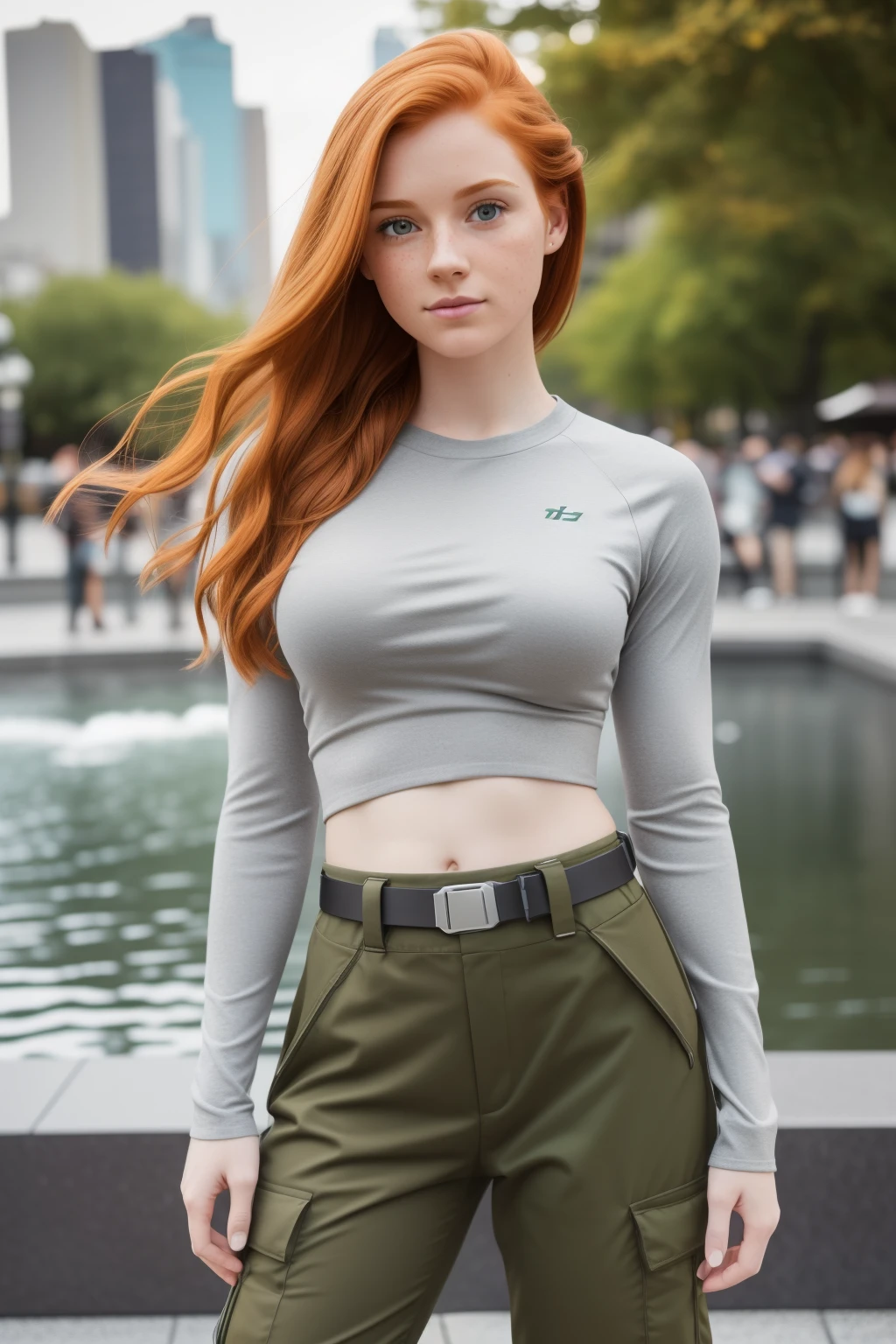 1girl in, age19, Solo, Aesthetic artwork, irish redhead, wavy ginger hair, shoulder length ginger hair, gray eyes, light grey eyes, some small freckles, pale skin, A-cup, medium breasts, runners body, detailed skin texture, action pose, by city fountain, downtown, park, (extremely detailed 8k wallpaper), soft lighting, high quality, film grain, Fujifilm XT3 sharp focus, f 5.6, 50mm, High Detail, Sharp focus,(natural light), black long sleeve crop top, black crop top, light green khaki pants, green cargo pants, brown utility belt, Kim possible costume, crazy details, complex details, hyper detailed