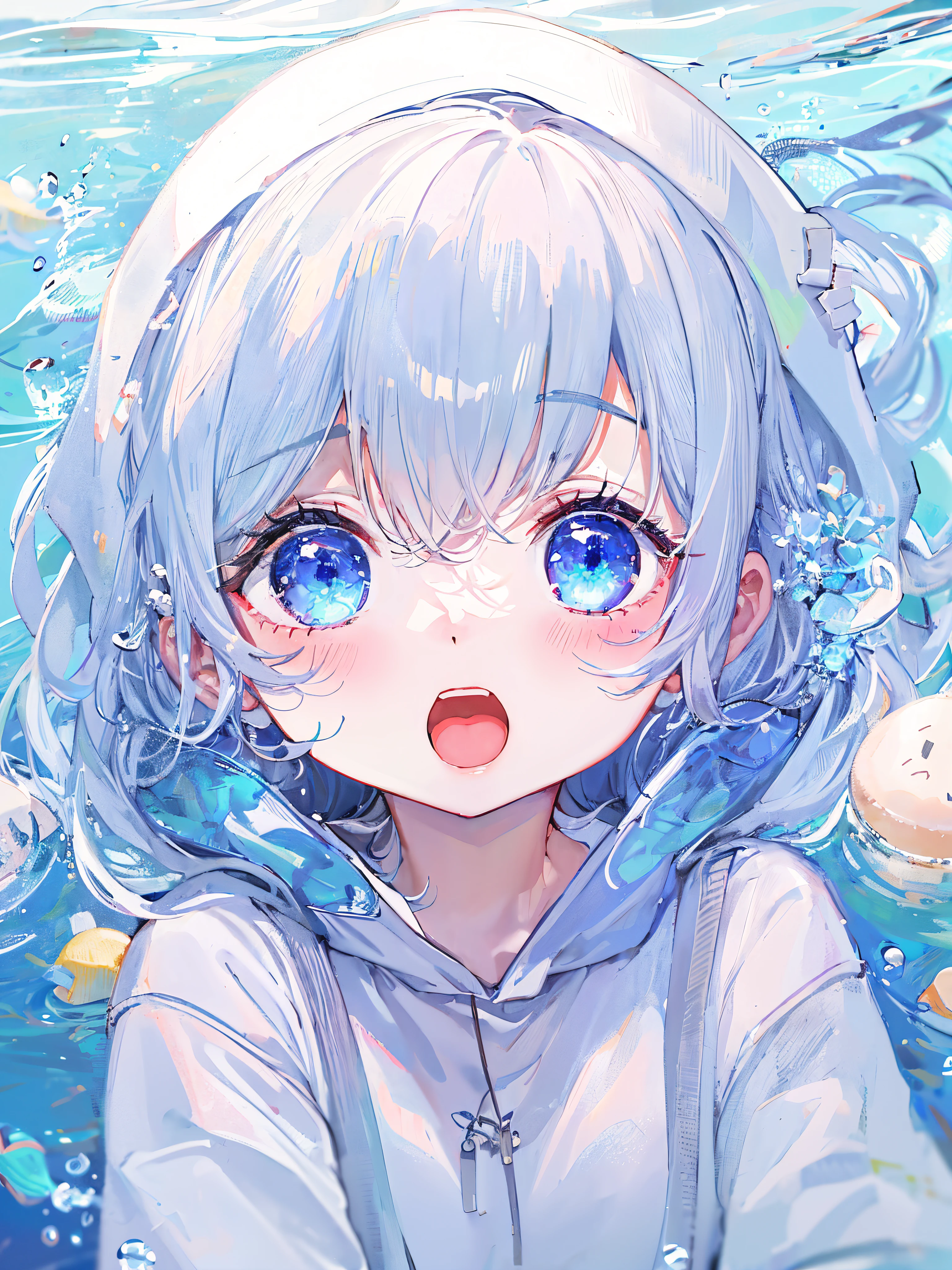 ((top-quality)), ((​masterpiece)), ((ultra-detailliert)), (Extremely delicate and beautiful), girl with, 独奏, cold attitude,((White hoodie)),She is very(relax)with  the(Settled down)Looks,depth of fields,Evil smile,Bubble, under the water, Air bubble,Underwater world bright light blue eyes,inner color with bright gray hair and light blue tips,,,,,,,,,,,,,,,,,,,,,,,Cold background,Bob Hair - Linear Art, shortpants、knee high socks、White uniform like school uniform、Light blue ribbon ties、Clothes are sheer、The hand in my right pocket is like a sapphire,Fronllesse Blue, A small blue light was floating、fantastic eyes、selfy,Self-shot、Bangs fall on the eyes, give a sexy impression.