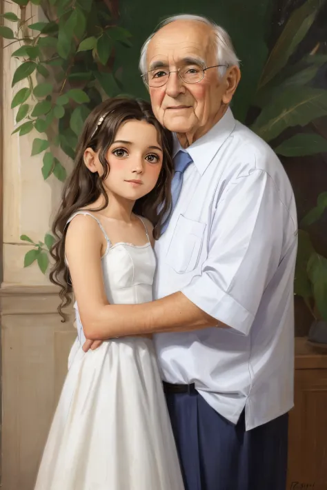 ffull-length,little,young,girl,grandfather,oil painting,soft brush strokes,emotional expression on their faces,warm sunlight fil...