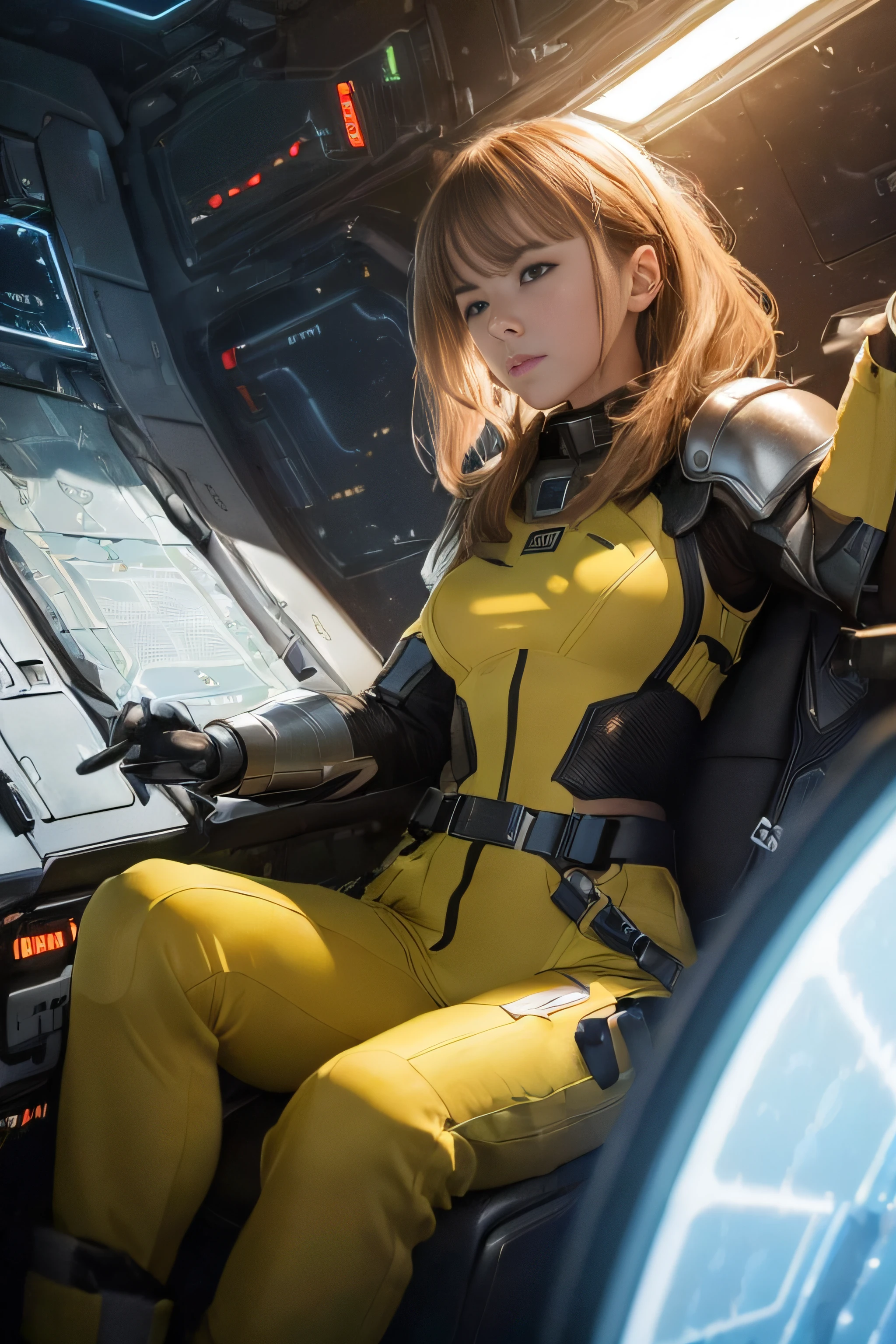 (((RAW image quality:1.4)))、8K分辨率、of the highest quality, Ultra High Resolution, (Photorealistic: 1.4), Jumpsuit, Sci-fi spaceship interior background, Circuit Plate Mail, medium breasts, Real world, Outdoors, Light hair, s Armor, spaces, knight,