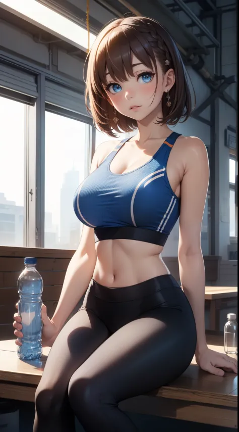 masterpiece, best quality, highres, 1girl, solo, bangs, light makeup, glossy lips, highly detailed, illustration, aichan, short brown hair, side braid, blue eyes, (large breasts), looking at viewer, sports bra, leggings, sitting, bottle