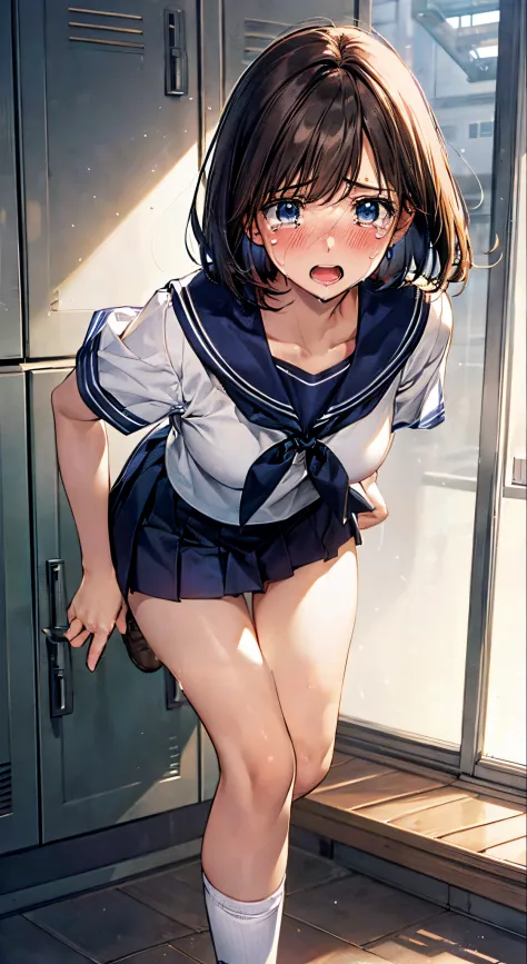 (((perfect anatomy, anatomically correct, super detailed skin))), 1 girl, japanese, high school girl, shiny skin, watching the viewer, ((back view, from below)), 
beautiful hair, beautiful face, beautiful detailed eyes, (short hair:1.1, bob cut:1.2), dark blonde hair:1, blue eyes, babyface, mole under eye, 
beautiful clavicle, beautiful body, beautiful breasts, large breasts:0.5, beautiful thighs, beautiful legs, camel toe, 
((short sleeves, all dark blue cute sailor suit, dark blue pleated skirt, dark blue sailor collar, sailor scarf, socks, brown loafers)), seductive thighs, (red slave collar), 
((ashamed, scared, sad, tears, cry, half-open mouth)), standing, (((leaning forward), undressing, raise one leg, white panty pull)), 
(beautiful scenery), summer, school, locker room, 
8k, top quality, masterpiece​:1.2, extremely detailed), (photorealistic), beautiful illustration, natural lighting, full body,