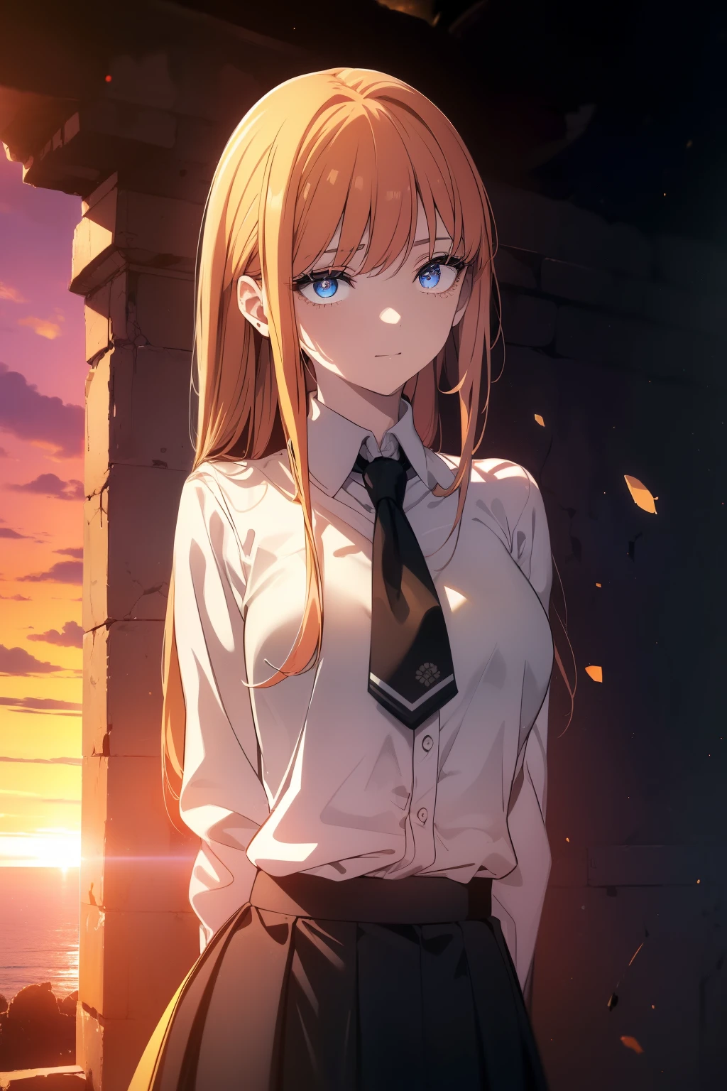 (((Obra maestra, La mejor calidad, ultrahigh resolution))), (((sunset background, massive detailed sun behind subject))), 1girl, standing, school uniform, white office shirt, black pleated skirt, ((light brown hair:0.7)), long hair cut, pale skin, ((blue eyes)), glowing_eyes, neon eyes, (((ultra detailed eyes, beautiful and detailed face, detailed eyes))), ((centered)), smile, ((wide shot)), facing viewer, eye level, flat chested, looking at viewer, ((half closed eyes)), ((perfect hands)), (((head, arms, hips, elbows, in view))), ((hands behind back)), empty eyes, beautiful lighting, outside, outdoors, shooting star:0.7, background, defined subject, 25 years old, ((open scenery background))