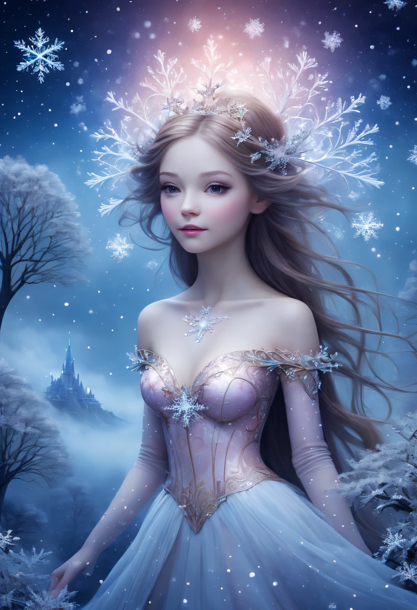 The princess&#39;s face appears in the air，winter landscape，Surreal wonderland，Dreamy cloud and fairy island，(Big snowflakes:1.3)，Colorful big snowflakes are flying，A princess&#39;The palace is covered with snow，The tree of life blooms with endless vitality，Twinkling stars in the night sky，Overlapping clouds and fog，Whimsical fantasy landscape art, Beautiful Art Ultra HD 8K, 8K highly detailed digital art, beautiful detailed fantasy, epic dreamlike fantasy landscape, Mysterious and dreamy scenery, Magic fantasy is very detailed, magical scenery, Made up of big snowflakes and dreamy floating fairy islands, detailed fantasy digital art, 8K detailed digital art