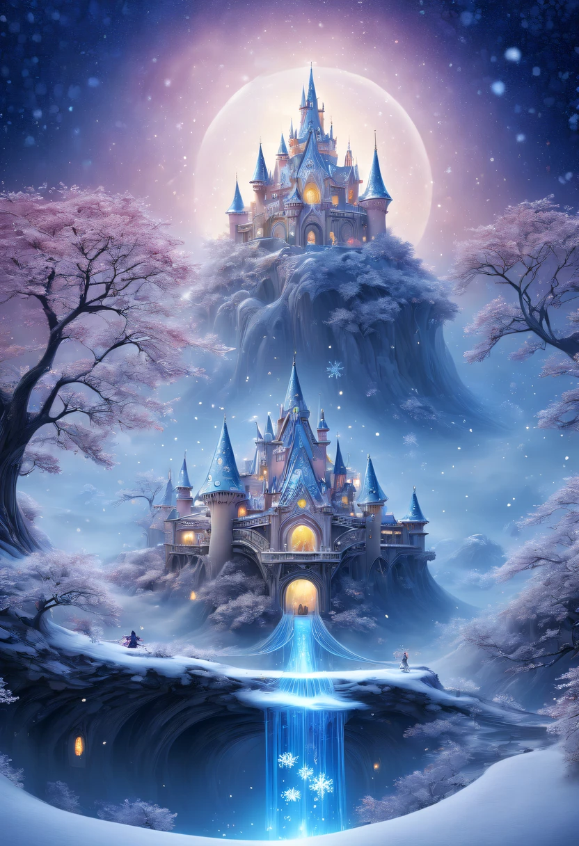 The princess&#39;s face appears in the air，winter landscape，Surreal wonderland，Dreamy cloud and fairy island，(Big snowflakes:1.3)，Colorful big snowflakes are flying，A princess&#39;The palace is covered with snow，The tree of life blooms with endless vitality，Twinkling stars in the night sky，Overlapping clouds and fog，Whimsical fantasy landscape art, Beautiful Art Ultra HD 8K, 8K highly detailed digital art, beautiful detailed fantasy, epic dreamlike fantasy landscape, Mysterious and dreamy scenery, Magic fantasy is very detailed, magical scenery, Made up of big snowflakes and dreamy floating fairy islands, detailed fantasy digital art, 8K detailed digital art