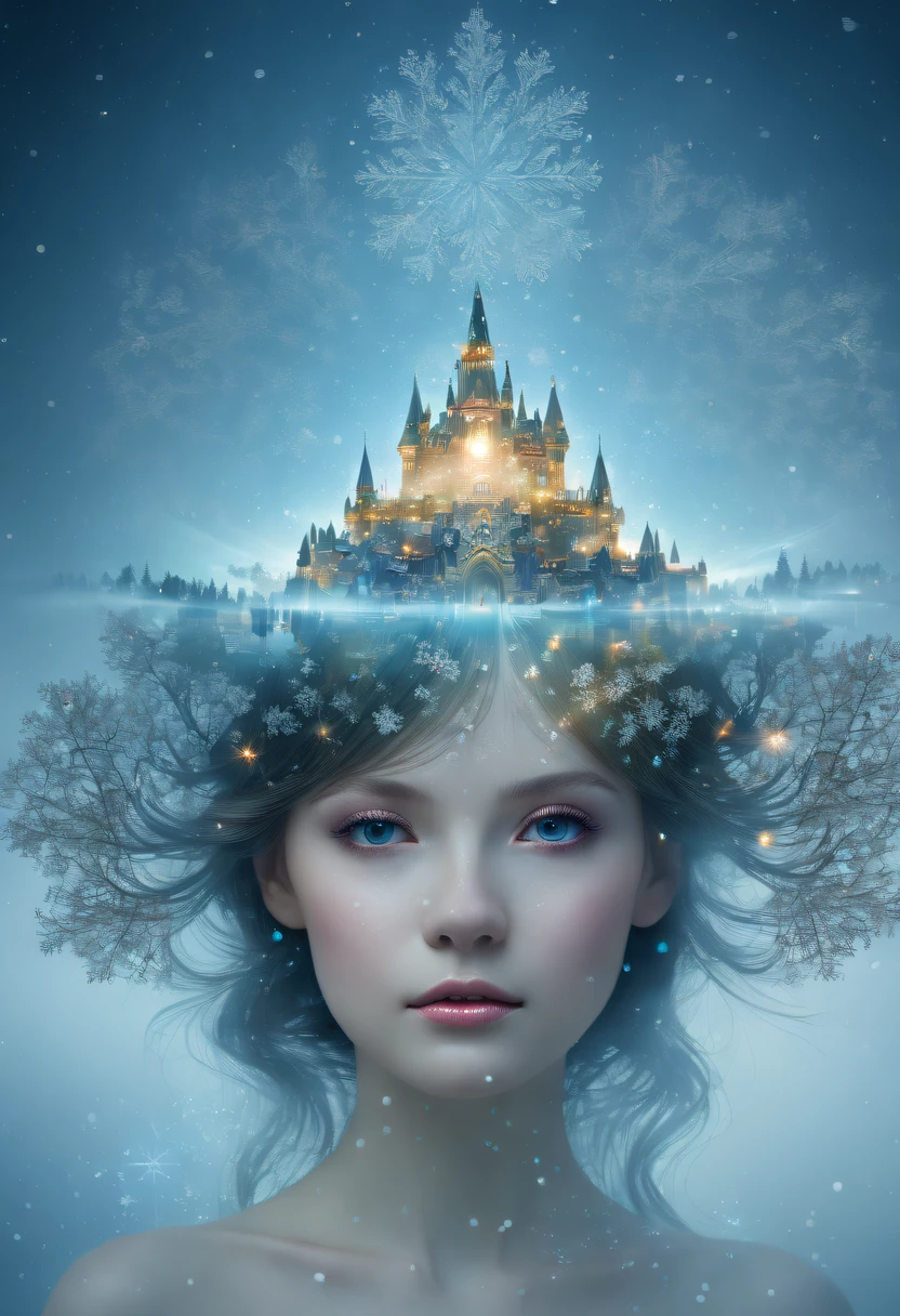 王女&#39;顔が空中に現れる，(多重露光:1.8),冬の風景，シュールなワンダーランド，夢のような雲と妖精の島，(大きな雪の結晶:1.3)，色とりどりの大きな雪の結晶が舞い降りています，姫様&#39;宮殿は雪に覆われている，生命の木は無限の生命力で花を咲かせる，夜空に輝く星，重なり合う雲と霧，気まぐれなファンタジー風景画, 美しいアート ウルトラHD 8K, 8Kの非常に精細なデジタルアート, 美しく詳細なファンタジー, 壮大な夢のようなファンタジー風景, 神秘的で夢のような風景, 魔法ファンタジーは非常に詳細です, 魔法のような風景, 大きな雪の結晶と夢のような浮かぶ妖精の島々でできています, 詳細なファンタジーデジタルアート, 8Kの精細なデジタルアート