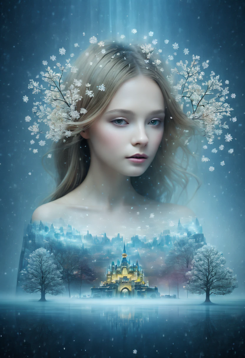الأميرة&#39;يظهر وجهها في الهواء，(التعرض المتعدد:1.8),المناظر الطبيعية في فصل الشتاء，بلاد العجائب السريالية，سحابة حالمة وجزيرة خرافية，(رقاقات ثلجية كبيرة:1.3)，رقاقات الثلج الكبيرة الملونة تطير，أميرة&#39;القصر مغطى بالثلوج，تزهر شجرة الحياة بحيوية لا نهاية لها，النجوم المتلألئة في سماء الليل，تداخل الغيوم والضباب，فن المناظر الطبيعية الخيالية غريب الأطوار, الفن الجميل الترا HD 8K, 8K فن رقمي مفصل للغاية, الخيال التفصيلي الجميل, مشهد خيالي ملحمي يشبه الحلم, مشهد غامض وحالم, الخيال السحري مفصل للغاية, مشهد سحري, تتكون من رقاقات ثلجية كبيرة وجزر خرافية عائمة حالمة, الفن الرقمي الخيالي التفصيلي, فن رقمي مفصل بدقة 8K