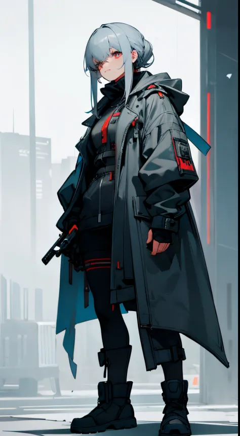 Gray hair，Royal sister，Cyberpunk style grey hooded coat，Leather boots，Long knife in hand，Bandage underwear，Chunky sneakerechanical face lines，Dark blue throughout，cold shades