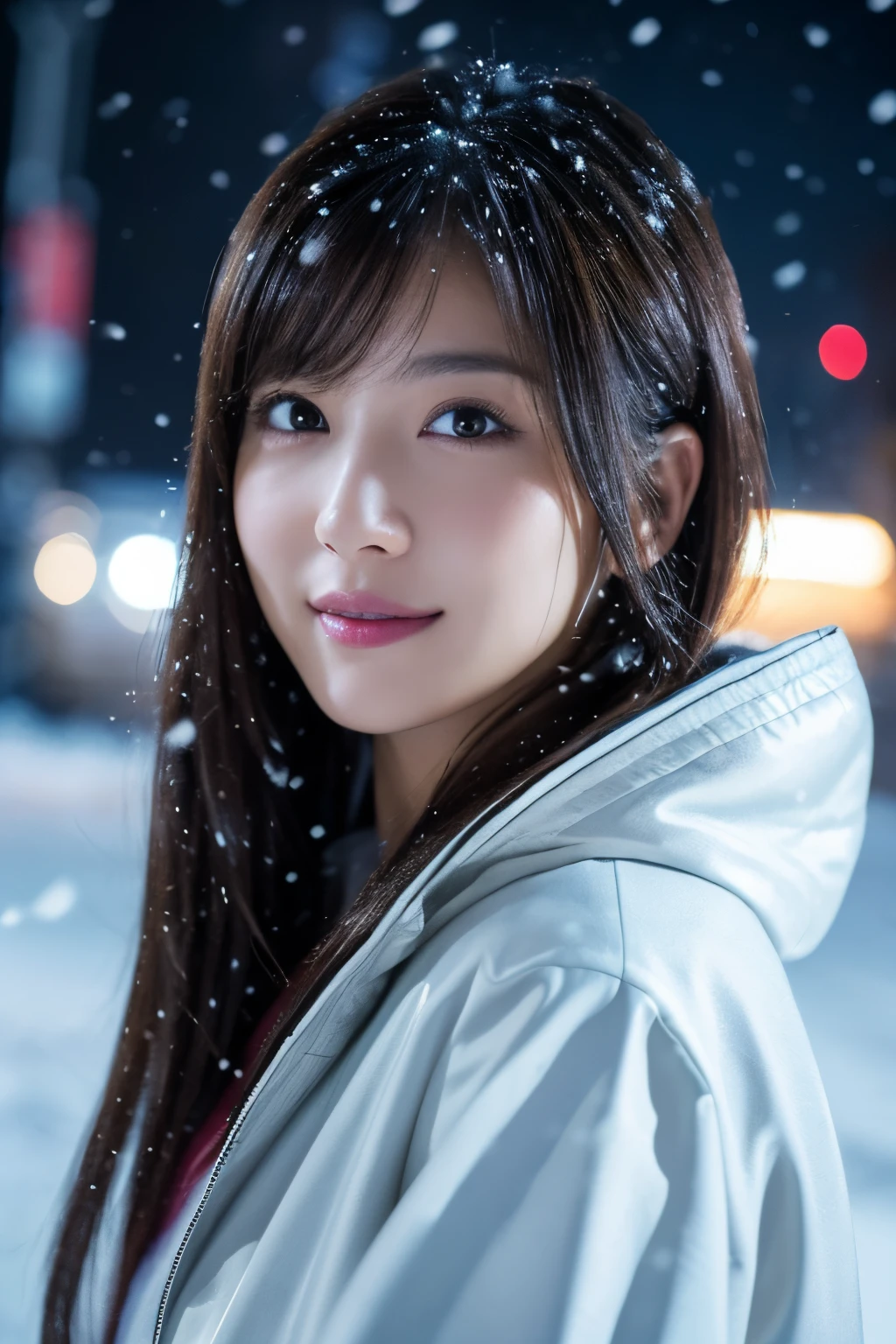 1girl in, (wear a platinum coat:1.2), (Raw photo, Best Quality), (Realistic, Photorealsitic:1.4), masutepiece, Extremely delicate and beautiful, Extremely detailed, 2k wallpaper, amazing, finely detail, the Extremely Detailed CG Unity 8K Wallpapers, Ultra-detailed, hight resolution, Soft light, Beautiful detailed girl, extremely detailed eye and face, beautiful detailed nose, Beautiful detailed eyes, Cinematic lighting, Illuminations coloring the city on a snowy night, Snowy landscape, It's snowing, Snow piled up in my hair, Perfect Anatomy, Slender body, Taut, 
Straight semi-long hair, Bangs, Looking at Viewer, A slight smil