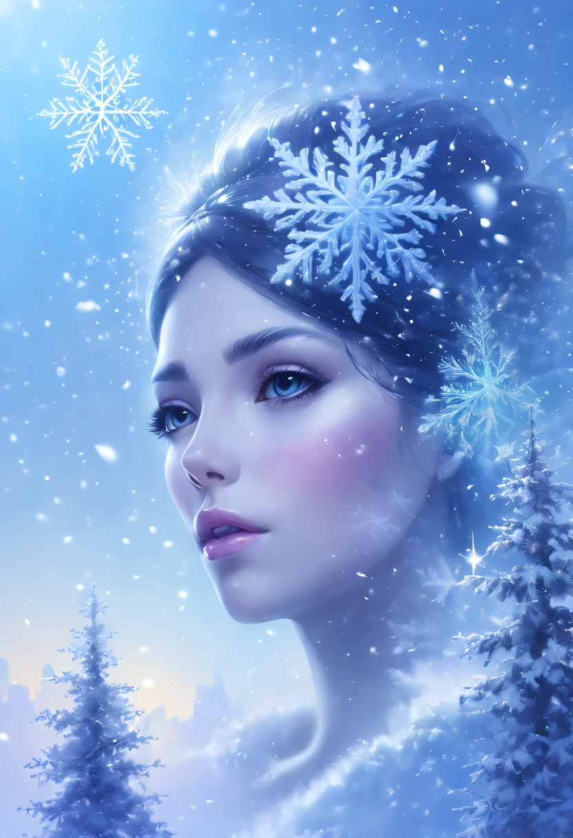 The princess&#39;s face appears in the air，(multiple exposure:1.8),winter landscape，Surreal wonderland，Dreamy cloud and fairy island，(Big snowflakes:1.3)，Colorful big snowflakes are flying，A princess&#39;The palace is covered with snow，The tree of life blooms with endless vitality，Twinkling stars in the night sky，Overlapping clouds and fog，Whimsical fantasy landscape art, Beautiful Art Ultra HD 8K, 8K highly detailed digital art, beautiful detailed fantasy, epic dreamlike fantasy landscape, Mysterious and dreamy scenery, Magic fantasy is very detailed, magical scenery, Made up of big snowflakes and dreamy floating fairy islands, detailed fantasy digital art, 8K detailed digital art