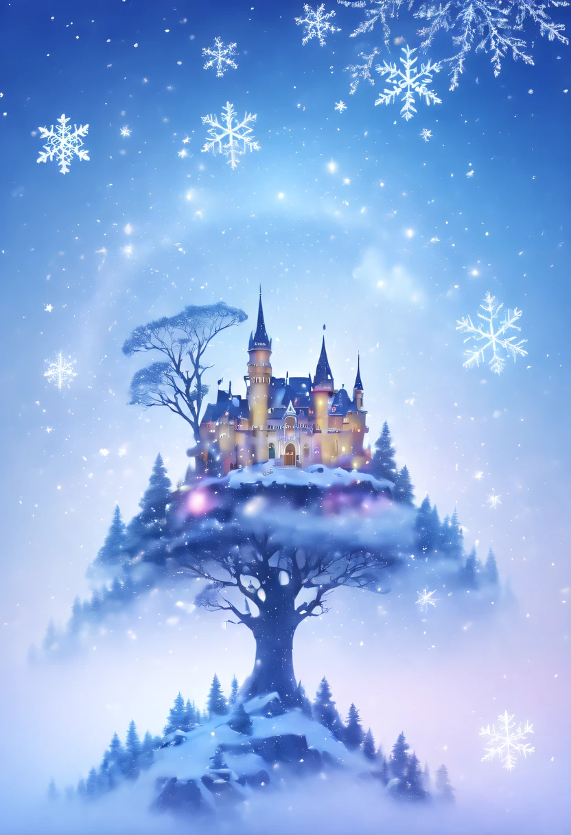 The princess&#39;s face appears in the air，(multiple exposure:1.8),winter landscape，Surreal wonderland，Dreamy cloud and fairy island，(Big snowflakes:1.3)，Colorful big snowflakes are flying，A princess&#39;The palace is covered with snow，The tree of life blooms with endless vitality，Twinkling stars in the night sky，Overlapping clouds and fog，Whimsical fantasy landscape art, Beautiful Art Ultra HD 8K, 8K highly detailed digital art, beautiful detailed fantasy, epic dreamlike fantasy landscape, Mysterious and dreamy scenery, Magic fantasy is very detailed, magical scenery, Made up of big snowflakes and dreamy floating fairy islands, detailed fantasy digital art, 8K detailed digital art