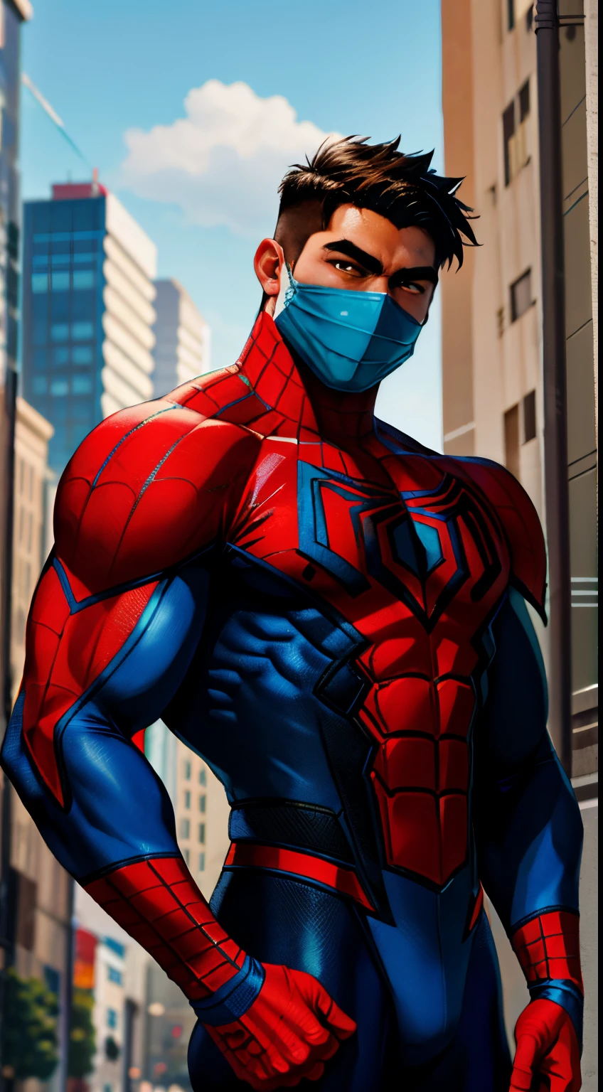 Spider - man in a mask and blue shirt standing in the middle of a city -  SeaArt AI