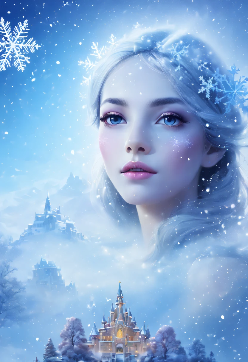 The princess&#39;s face appears in the air，(multiple exposure:1.8),winter landscape，Surreal wonderland，Dreamy cloud and fairy island，(Big snowflakes:1.3)，Colorful big snowflakes are flying，A princess&#39;The palace is covered with snow，The tree of life blooms with endless vitality，Twinkling stars in the night sky，Overlapping clouds and fog，Whimsical fantasy landscape art, Beautiful Art Ultra HD 8K, 8K highly detailed digital art, beautiful detailed fantasy, epic dreamlike fantasy landscape, Mysterious and dreamy scenery, Magic fantasy is very detailed, magical scenery, Made up of big snowflakes and dreamy floating fairy islands, detailed fantasy digital art, 8K detailed digital art