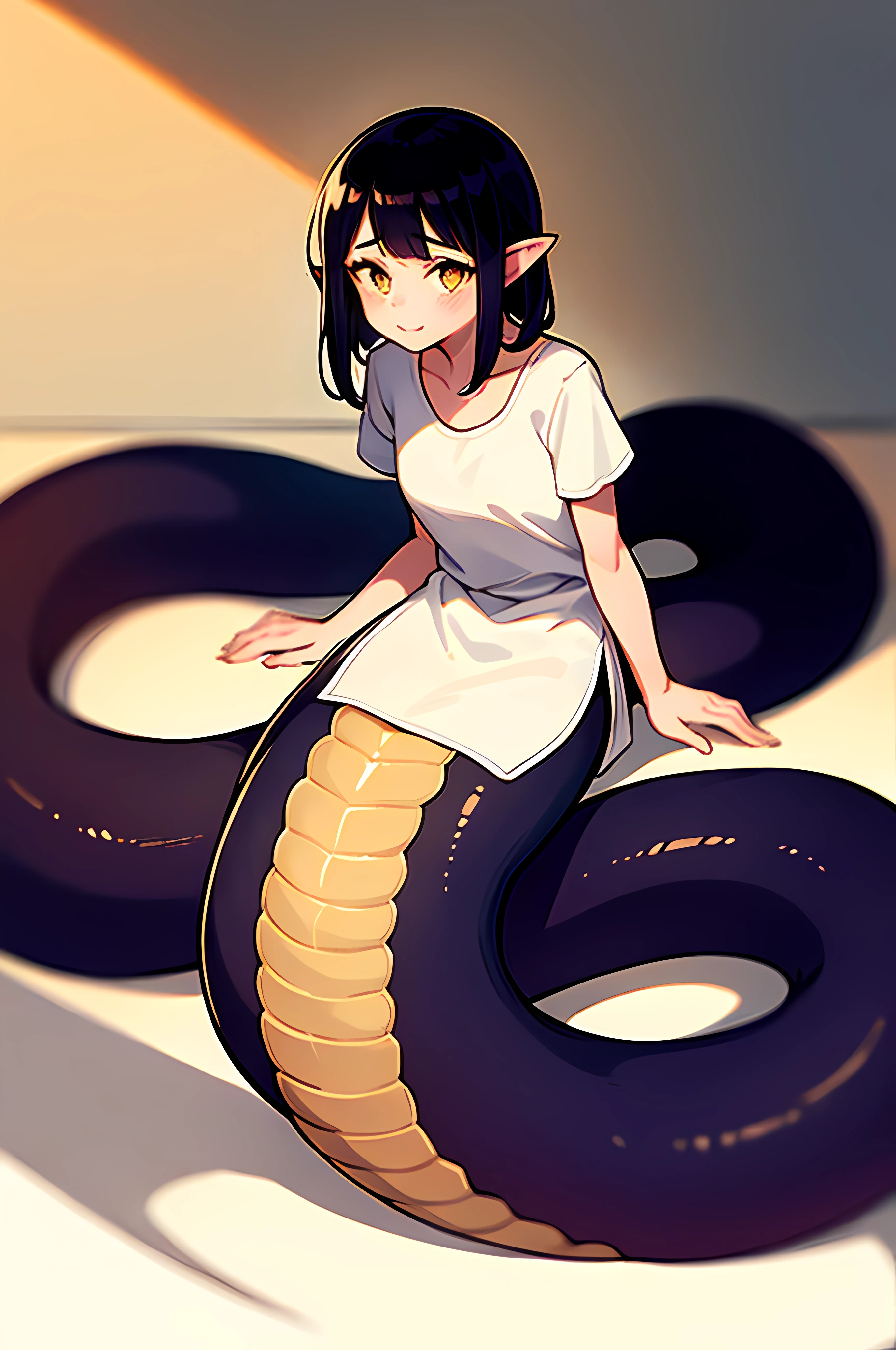 Anime girl sitting on a giant snake with a white shirt - SeaArt AI