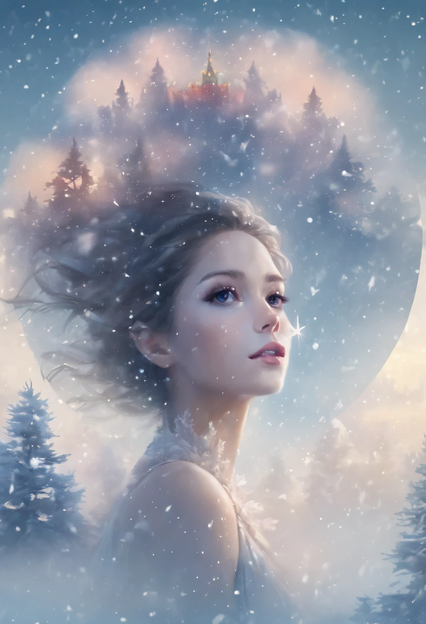 The princess&#39;s face appears in the air，(multiple exposure:1.8),winter landscape，Surreal wonderland，Dreamy cloud and fairy island，(Big snowflakes:1.3)，Colorful big snowflakes are flying，A princess&#39;The palace is covered with snow，The tree of life blooms with endless vitality，Twinkling stars in the night sky，Overlapping clouds and fog，Whimsical fantasy landscape art, Beautiful Art Ultra HD 8K, 8K highly detailed digital art, beautiful detailed fantasy, epic dreamlike fantasy landscape, Mysterious and dreamy scenery, Magic fantasy is very detailed, magical scenery, Made up of big snowflakes and dreamy floating fairy islands, detailed fantasy digital art, 8K detailed digital art