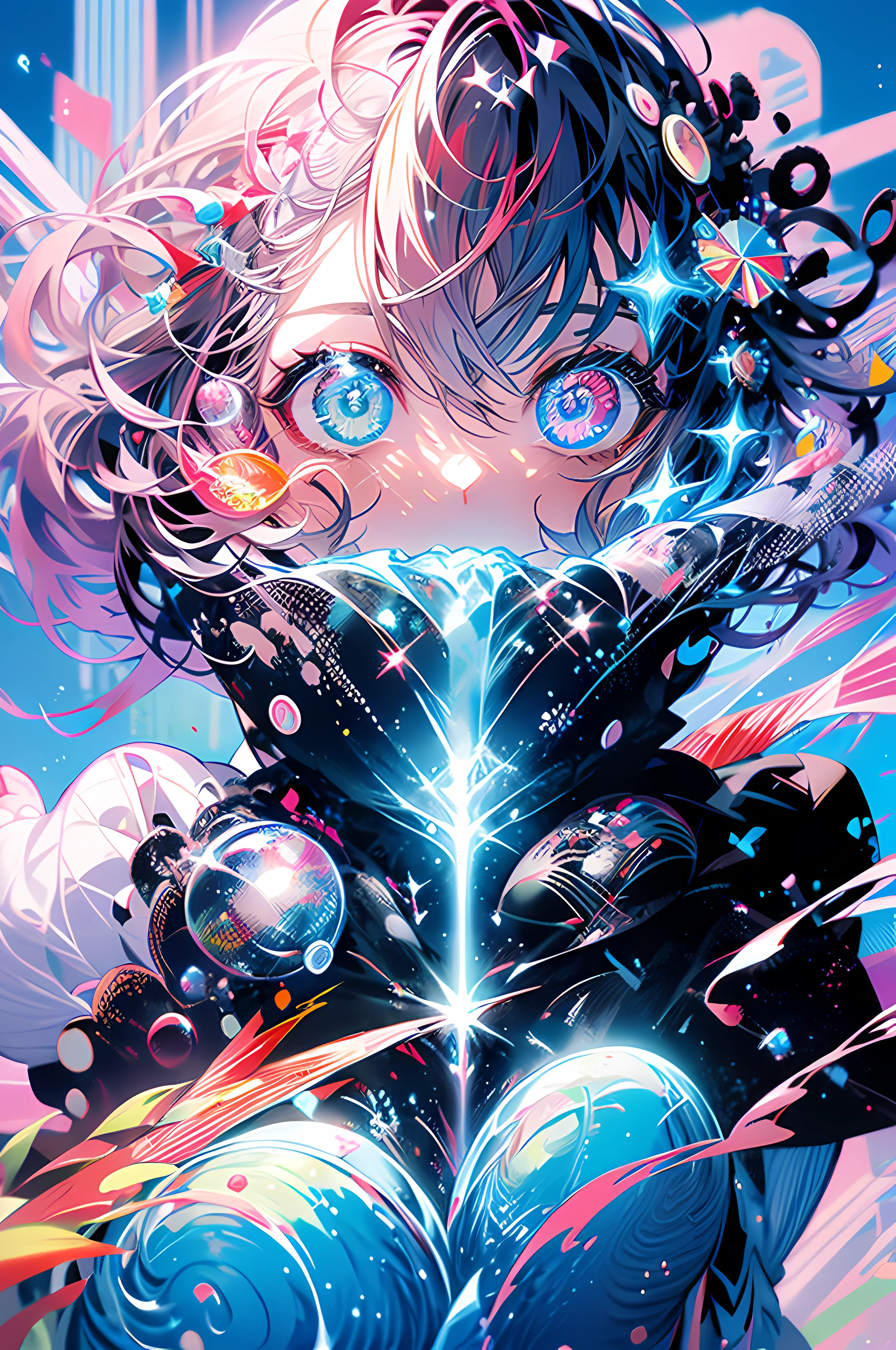 girl vs.,Alone, Heterochromia,Red and blue eyes,with long coiled hair,Two bangs,pale-skinned, looking at viewert,close your mouth, light laughter, The beautiful, extremely detailed eye, Close-up shot,upper part of body, Wear a jacket, absolutely stunning art, very detailed nipples, Digital art of the highest quality,