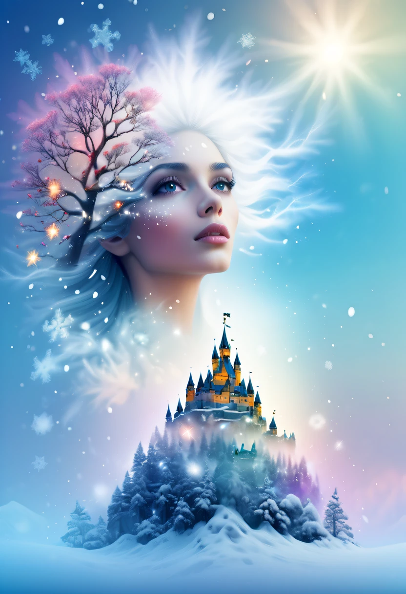 The princess&#39;s face appears in the air，(multiple exposure:1.8),winter landscape，Surreal wonderland，Dreamy cloud and fairy island，(Big snowflakes:1.3)，Colorful big snowflakes are flying，A princess&#39;The palace is covered with snow，The tree of life blooms with endless vitality，Twinkling stars in the night sky，Overlapping clouds and fog，Whimsical fantasy landscape art, Beautiful Art Ultra HD 8K, 8K highly detailed digital art, beautiful detailed fantasy, epic dreamlike fantasy landscape, Mysterious and dreamy scenery, Magic fantasy is very detailed, magical scenery, Made up of big snowflakes and dreamy floating fairy islands, detailed fantasy digital art, 8K detailed digital art