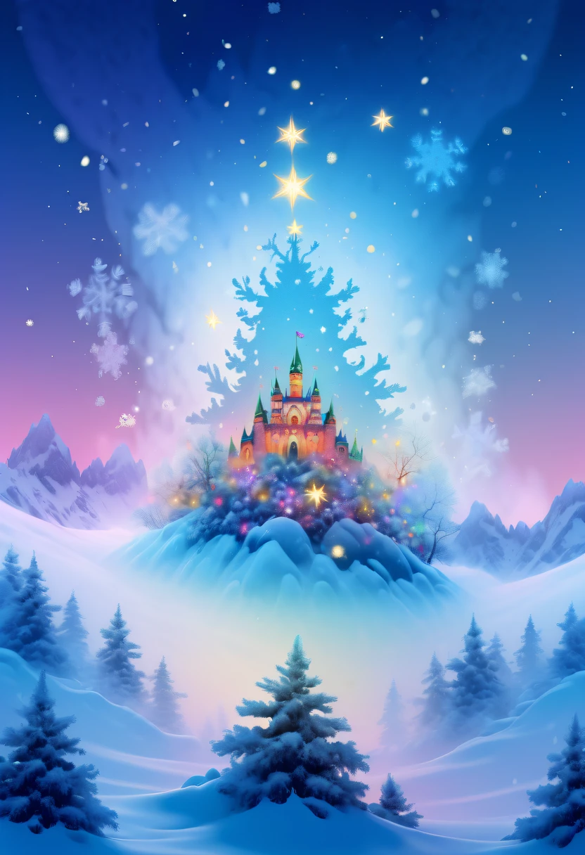 The princess&#39;s face appears in the air，winter landscape，Surreal wonderland，Dreamy cloud and fairy island，(Big snowflakes:1.3)，Colorful big snowflakes are flying，A princess&#39;The palace is covered with snow，The tree of life blooms with endless vitality，Twinkling stars in the night sky，Overlapping clouds and fog，Whimsical fantasy landscape art, Beautiful Art Ultra HD 8K, 8K highly detailed digital art, beautiful detailed fantasy, epic dreamlike fantasy landscape, Mysterious and dreamy scenery, Magic fantasy is very detailed, magical scenery, Made up of big snowflakes and dreamy floating fairy islands, detailed fantasy digital art, 8K detailed digital art