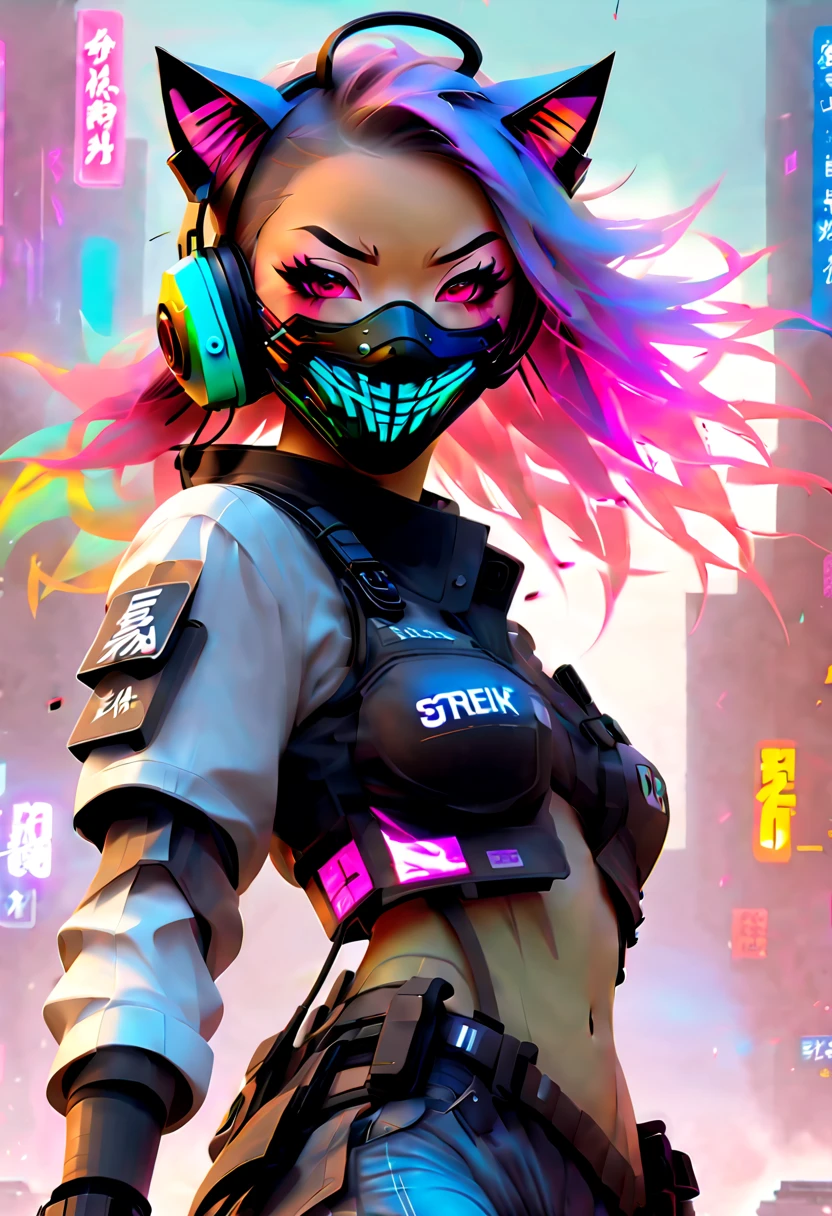 sci-fi city amidst a riot of aliens and humans throwing rocks and bottles and burning cars, cyberpunk asian woman, wearing police riot gear, cyberpunk mask, nervous smile, streaked hair, streaked hair, multicolored hair, mouth mask, gas mask, headphones, behind-the-head headphones, wide eyes, cat ear headphones, masterpiece, anatomically correct, super detail, best quality, highres, HD