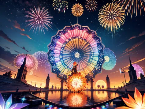 Construct a giant kaleidoscope where 3D fireworks explode into intricate fractal patterns, reflecting the essence of each passin...