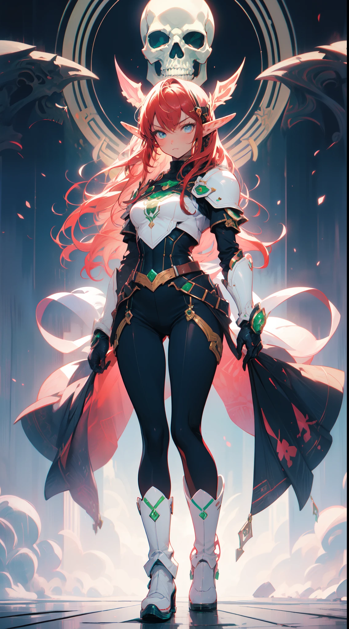 (((masterpiece, best quality))),  (elf), (1girl), solo,  Bangs,  red tinted hair，White cyber Skull armor，long black glovelack pantyhoses，Handsome standing with white boots, art style by Artgerm, by Kawacy, By Yusuke Murata