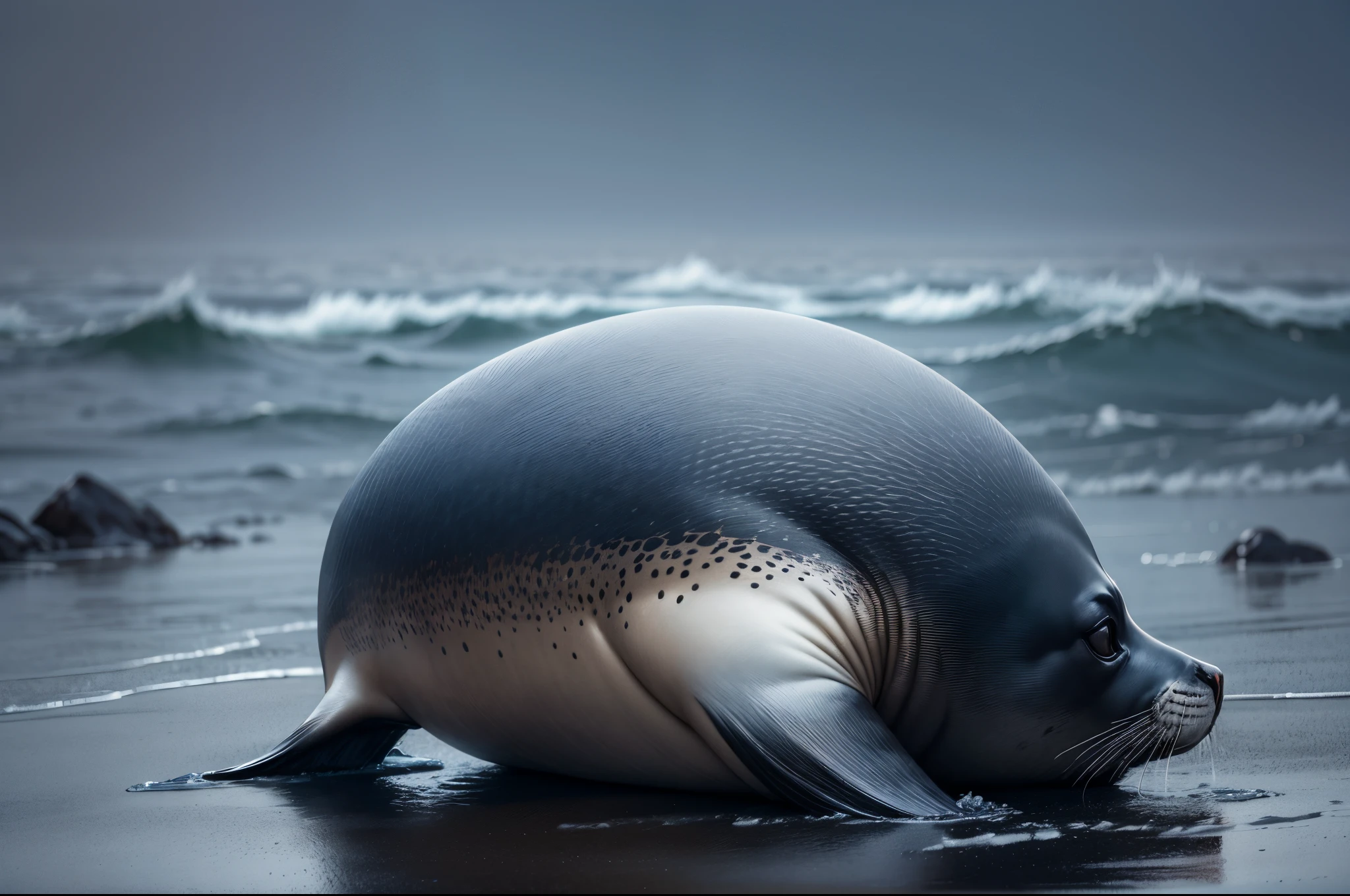 There is a seal laying on the beach with its head on the sand - SeaArt AI