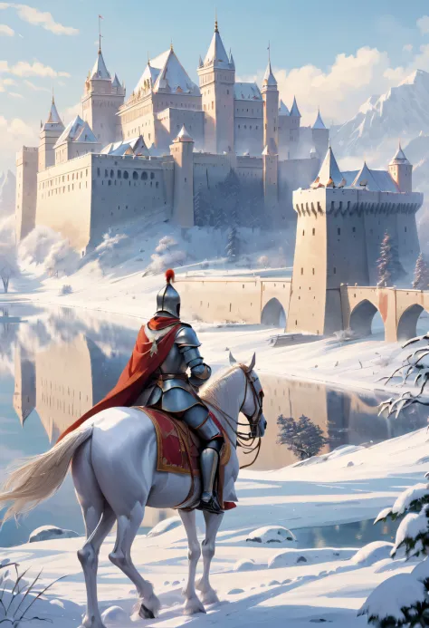 winter landscape， knights guarding the palace，the princess&#39;s face appears in the air