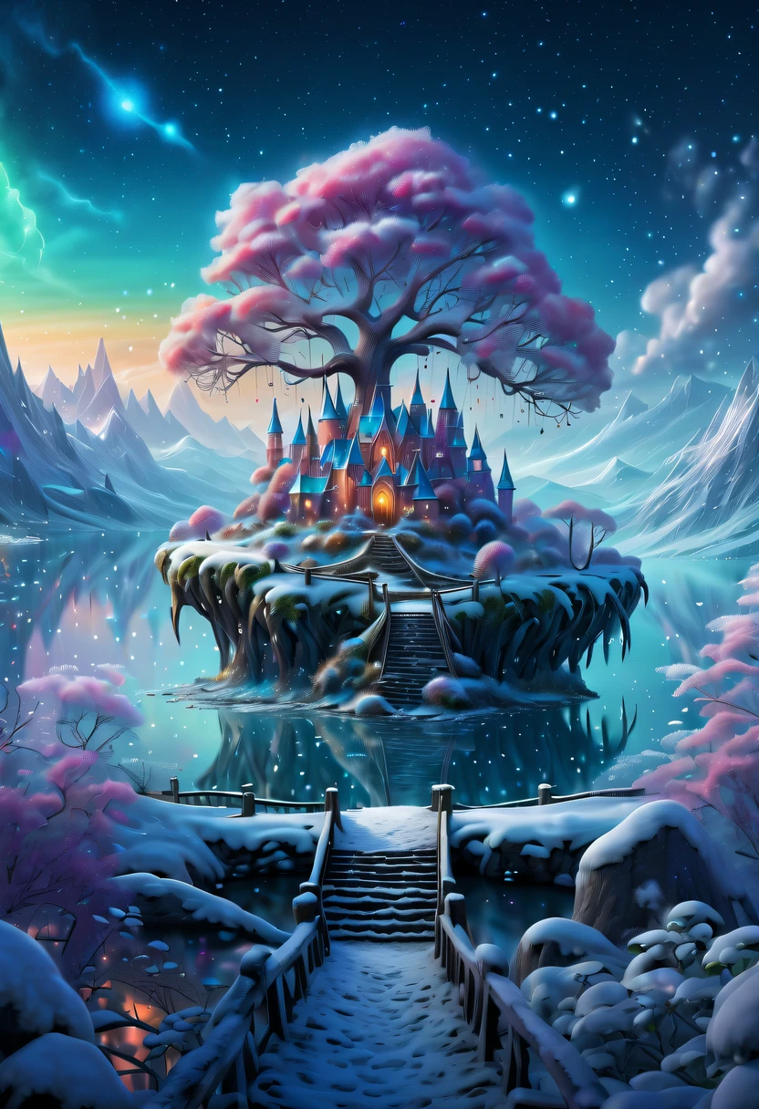 winter landscape，Surreal wonderland，Dreamy cloud and fairy island，Colorful snowflakes are flying，A princess&#39;The palace is covered with snow，The tree of life blooms with endless vitality，Twinkling stars in the night sky，Overlapping clouds and fog，Whimsical fantasy landscape art, Beautiful Art Ultra HD 8K, 8K highly detailed digital art, beautiful detailed fantasy, epic dreamlike fantasy landscape, Mysterious and dreamy scenery, Magic fantasy is very detailed, magical scenery, composed...consist of ,  and Snow Fantasy Floating Fairy Island, detailed fantasy digital art, 8K detailed digital art