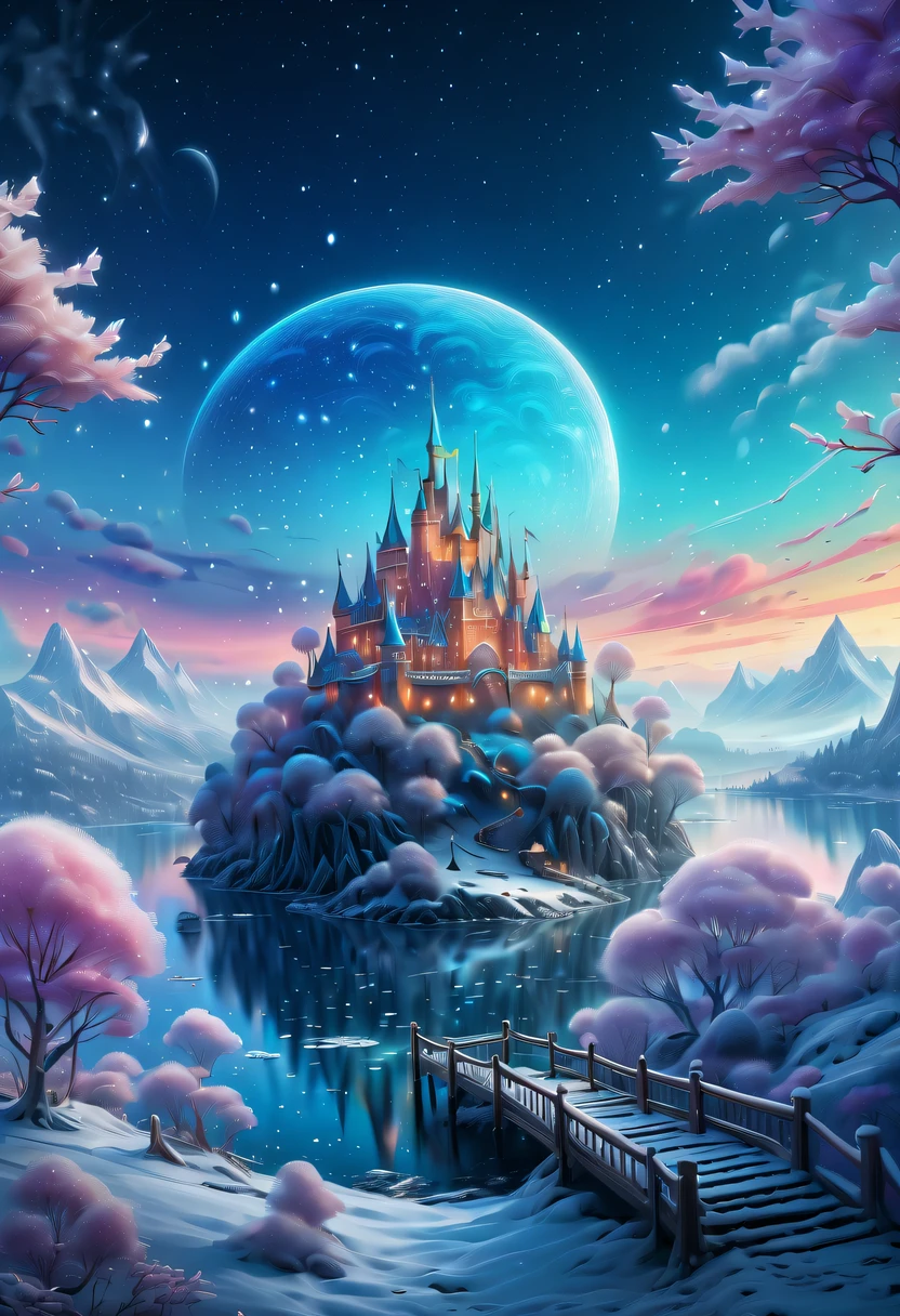 paisaje de invierno，País de las maravillas surrealista，Nube de ensueño e isla de hadas，Los copos de nieve de colores vuelan，Una princesa&#39;El palacio está cubierto de nieve.，El árbol de la vida florece con vitalidad infinita.，Estrellas titilantes en el cielo nocturno，Nubes y niebla superpuestas，arte del paisaje de fantasía caprichosa, Hermoso arte Ultra HD 8K, Arte digital 8K muy detallado, hermosa fantasía detallada, paisaje de fantasía onírica épica, Paisajes misteriosos y de ensueño., La fantasía mágica es muy detallada., Paisaje magico, compuesto...consiste en ,  y Nieve Fantasía Isla Flotante de Hadas, Arte digital de fantasía detallada, Arte digital detallado en 8K