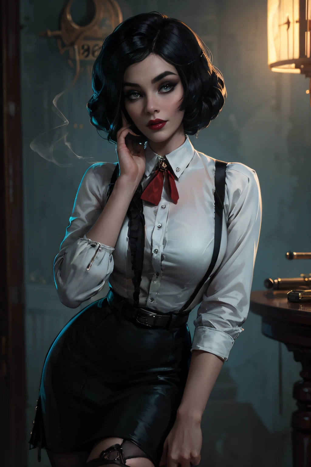 ( there is a woman holding a cigarette in her hand ),( Elizabeth from Burial at Sea ) (realistic:1.5), (fully dressed), ((female in 1950 hair short hair style a white long-sleeved blouse, her bird cameo, a black knee-length tight fitted skirt with a red belt, fishnet stockings and black heels with an ankle strap. Her hairstyle is brushed out pin curls and she wears make-up. )), (long black skirt:1.2) (white shirt:1.2) (masterpiece), (specular lighting:1.3), (hyperrealistic:1.2), (photorealistic face:1.2), (perfect face), (perfect eyeest quality), (there is a woman holding a cigarette in her hand, elizabeth from bioshock Burial at Sea, dramatic smoking pose, epic and classy portrait, beautiful , with smoke, cigarette, bioshock steampunk portrait ), (4k), sharp focus, octane render, best quality, extremely detailed, intricate, fantasy, soft lighting, (curvy:1.3), ( big eyes :1.3), (futanari:1.2), thick eyelashes, long eyelashes, ( slim ), smile, ((1950:1.5)), ( red lips, long eyelashes, mascara, eyeliner, eyeshadow, makeupt:1.3), cosy, looking at viewer, detailed skin , zfuta futanari, (erection:1.4)
