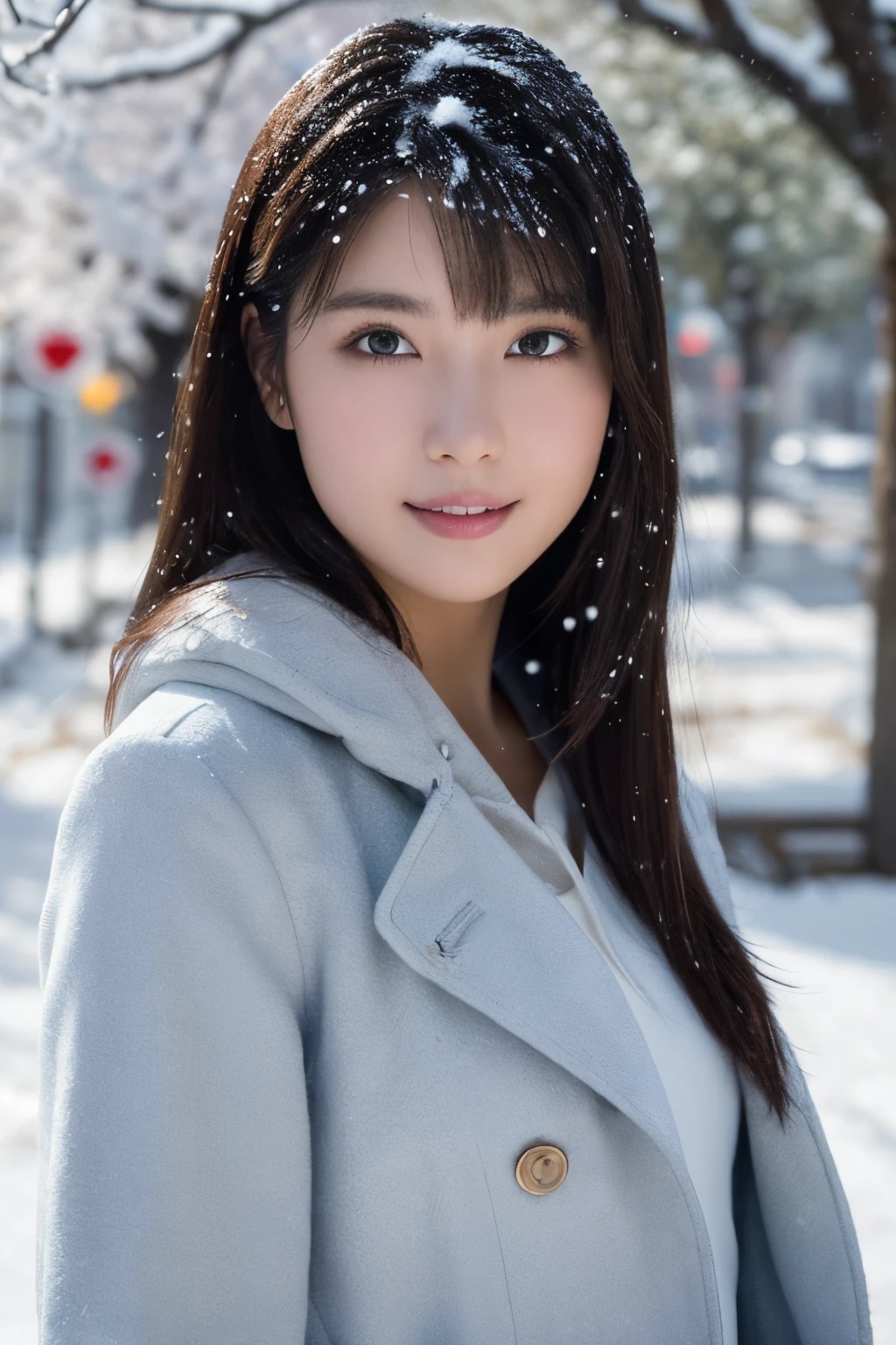 1girl in, (wear a platinum coat:1.2), (Raw photo, Best Quality), (Realistic, Photorealsitic:1.4), masutepiece, Extremely delicate and beautiful, Extremely detailed, 2k wallpaper, amazing, finely detail, the Extremely Detailed CG Unity 8K Wallpapers, Ultra-detailed, hight resolution, Soft light, Beautiful detailed girl, extremely detailed eye and face, beautiful detailed nose, Beautiful detailed eyes, Cinematic lighting, Illuminations coloring the city on a snowy night, (Illumination of street trees covered with snow like frost-covered trees:1.4), Snowy landscape, It's snowing, There&#39;There&#39;There&#39;There&#39;s snow in my hair, Perfect Anatomy, Slender body, Taut, 
Straight semi-long hair, Bangs, Looking at Viewer, A slight smil