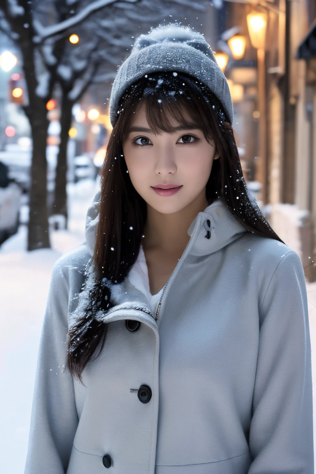1girl in, (wear a platinum coat:1.2), (Raw photo, Best Quality), (Realistic, Photorealsitic:1.4), masutepiece, Extremely delicate and beautiful, Extremely detailed, 2k wallpaper, amazing, finely detail, the Extremely Detailed CG Unity 8K Wallpapers, Ultra-detailed, hight resolution, Soft light, Beautiful detailed girl, extremely detailed eye and face, beautiful detailed nose, Beautiful detailed eyes, Cinematic lighting, Illuminations coloring the city on a snowy night, (Illumination of street trees covered with snow like frost-covered trees:1.4), Snowy landscape, It's snowing, There&#39;There&#39;There&#39;There&#39;There&#39;There&#39;s snow in my hair, Perfect Anatomy, Slender body, Taut, 
Straight semi-long hair, Bangs, Looking at Viewer, A slight smil