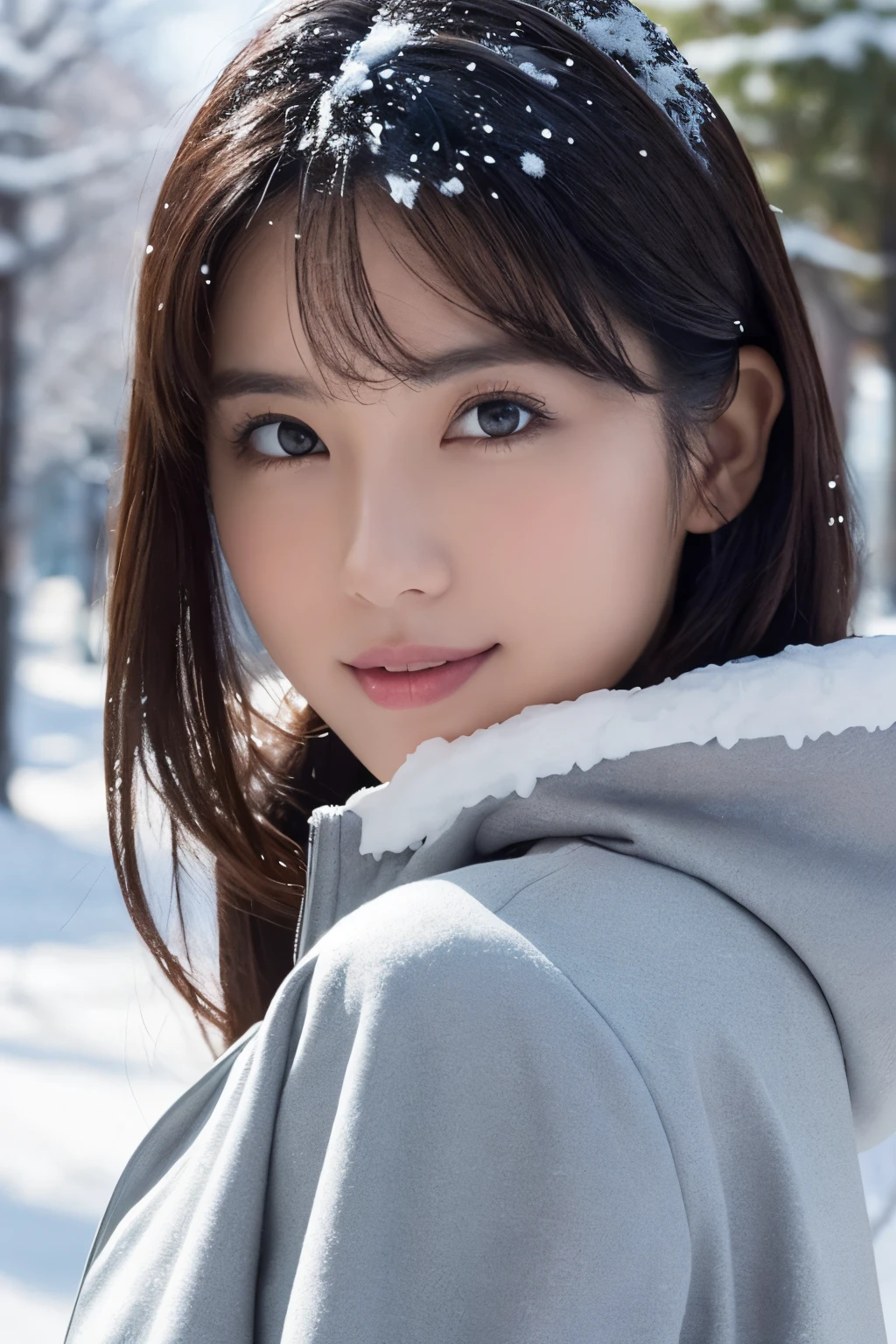 1girl in, (wear a platinum coat:1.2), (Raw photo, Best Quality), (Realistic, Photorealsitic:1.4), masutepiece, Extremely delicate and beautiful, Extremely detailed, 2k wallpaper, amazing, finely detail, the Extremely Detailed CG Unity 8K Wallpapers, Ultra-detailed, hight resolution, Soft light, Beautiful detailed girl, extremely detailed eye and face, beautiful detailed nose, Beautiful detailed eyes, Cinematic lighting, Illuminations coloring the city on a snowy night, (Illumination of street trees covered with snow like frost-covered trees:1.4), Snowy landscape, It's snowing, There&#39;There&#39;There&#39;There&#39;There&#39;There&#39;There&#39;s snow in my hair, Perfect Anatomy, Slender body, Taut, 
Straight semi-long hair, Bangs, Looking at Viewer, A slight smil