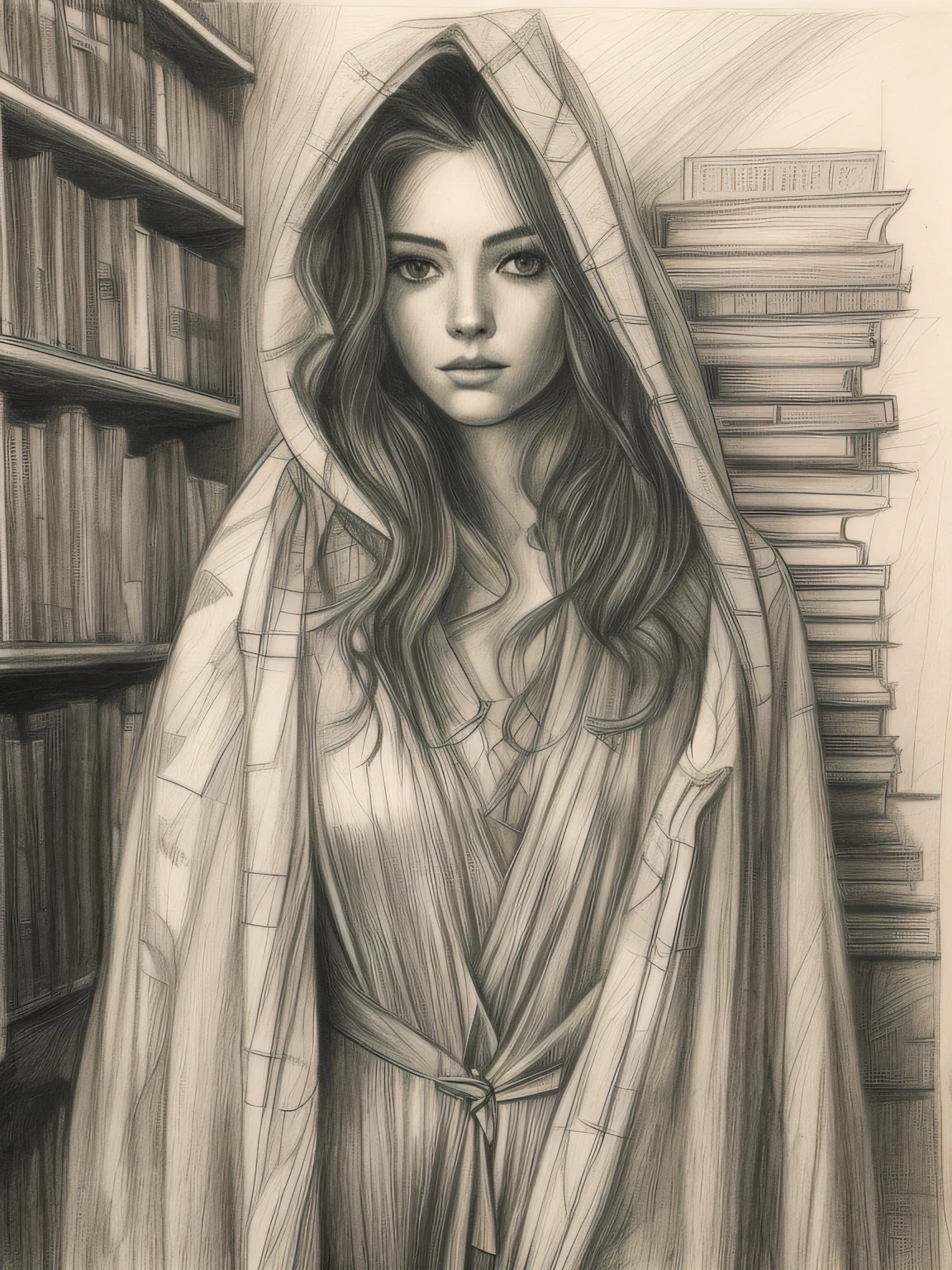 A drawing of a woman in a robe standing in front of a bookshelf - SeaArt AI