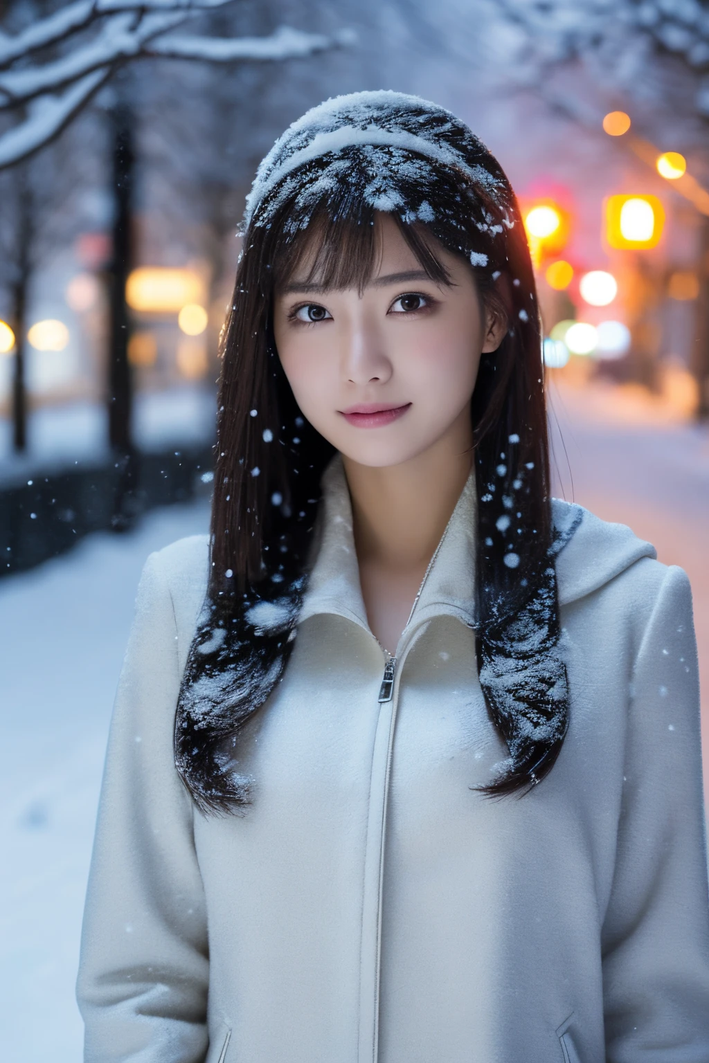 1girl in, (wear a platinum coat:1.2), (Raw photo, Best Quality), (Realistic, Photorealsitic:1.4), masutepiece, Extremely delicate and beautiful, Extremely detailed, 2k wallpaper, amazing, finely detail, the Extremely Detailed CG Unity 8K Wallpapers, Ultra-detailed, hight resolution, Soft light, Beautiful detailed girl, extremely detailed eye and face, beautiful detailed nose, Beautiful detailed eyes, Cinematic lighting, Illuminations coloring the city on a snowy night, (Illumination of street trees covered with snow like frost-covered trees:1.4), Snowy landscape, It's snowing, There&#39;There&#39;There&#39;There&#39;There&#39;There&#39;There&#39;There&#39;s snow in my hair, Perfect Anatomy, Slender body, Taut, 
Straight semi-long hair, Bangs, Looking at Viewer, A slight smil