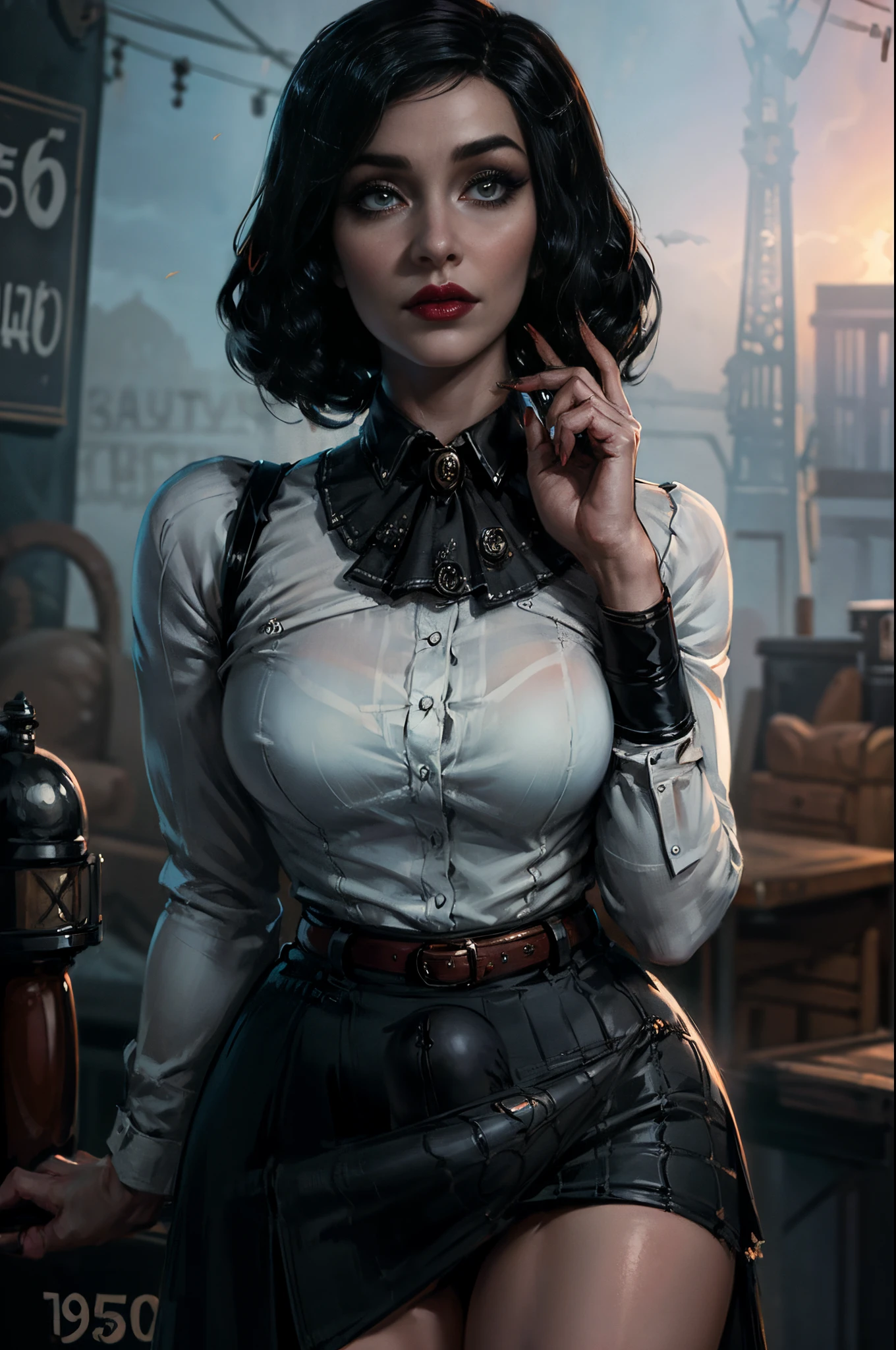 ( there is a woman holding a cigarette in her hand ),( Elizabeth from Burial at Sea ) (realistic:1.5), (fully dressed), ((female in 1950 hair short hair style a white long-sleeved blouse, her bird cameo, a black knee-length tight fitted skirt with a red belt, fishnet stockings and black heels with an ankle strap. Her hairstyle is brushed out pin curls and she wears make-up. )), (long black skirt:1.2) (white shirt:1.2) (masterpiece), (specular lighting:1.3), (hyperrealistic:1.2), (photorealistic face:1.2), (perfect face), (perfect eyeest quality), (there is a woman holding a cigarette in her hand, elizabeth from bioshock Burial at Sea, dramatic smoking pose, epic and classy portrait, beautiful , with smoke, cigarette, bioshock steampunk portrait ), (4k), sharp focus, octane render, best quality, extremely detailed, intricate, fantasy, soft lighting, (curvy:1.3), ( big eyes :1.3), (futanari:1.2), thick eyelashes, long eyelashes, ( slim ), smile, ((1950:1.5)), ( red lips, long eyelashes, mascara, eyeliner, eyeshadow, makeupt:1.3), cosy, looking at viewer, detailed skin , zfuta futanari, (bulge:1.4)