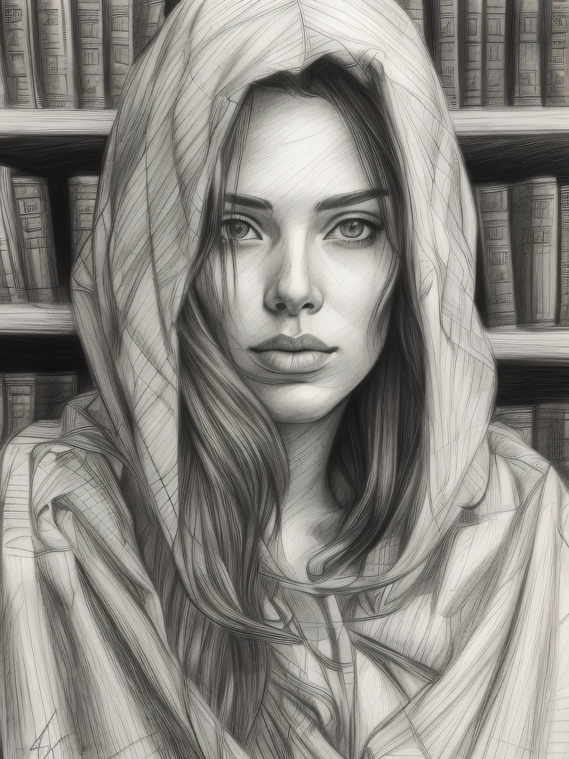 A drawing of a woman in a hoodedie in front of a bookshelf - SeaArt AI