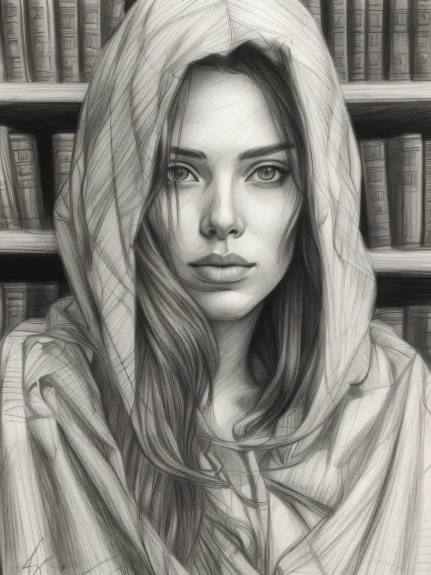 drawing of a sexy woman, full body, draped in a sexy cloak, full body, sexy , inside enchanted magical library, its shelves are ...