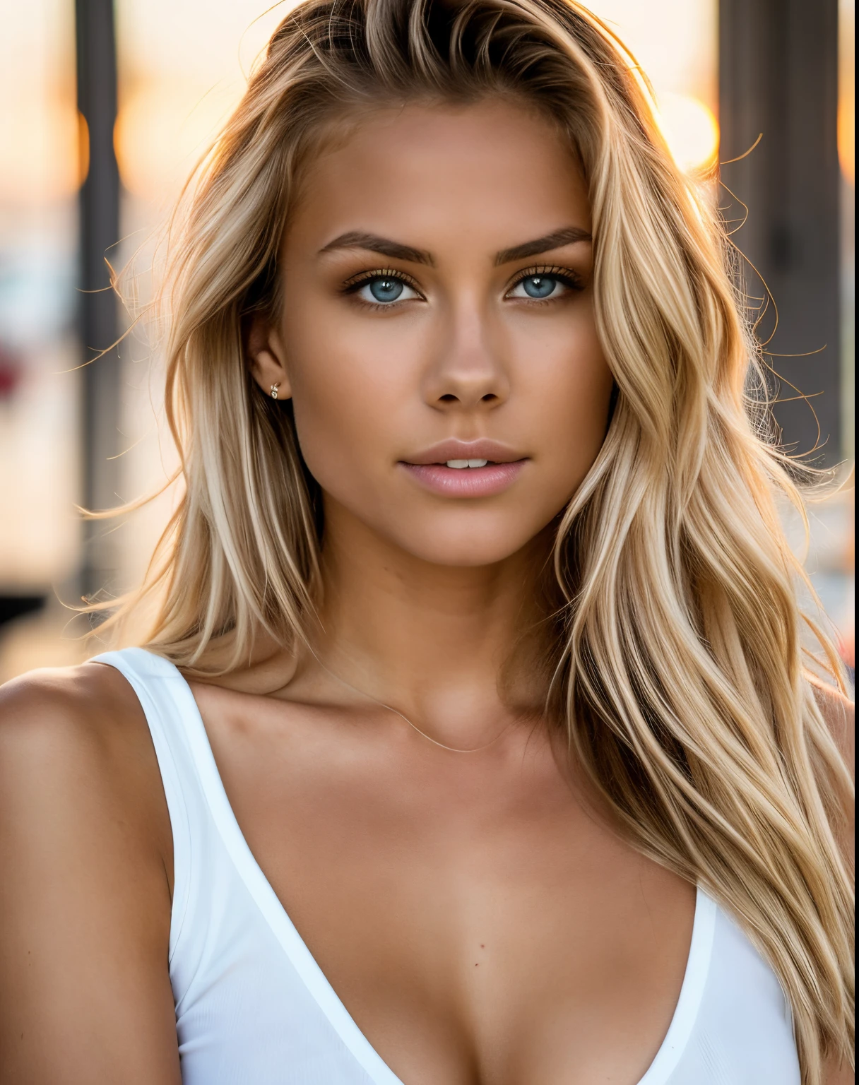photoshoot of a model, natural light, professional, (4k photo:1.1) (Sharp focus:1.3), high detail, beautiful detailed face, hazel eyes, long blonde hair, (attractive young woman:1.3), (seductive:1.1), (blushing:1.1), hourglass body shape, one girl, Wearing red, (at a contemporary café counter as the sun sets).