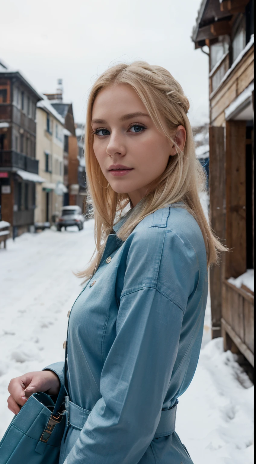 Blond woman in blue jacket standing in snowy street with handbag