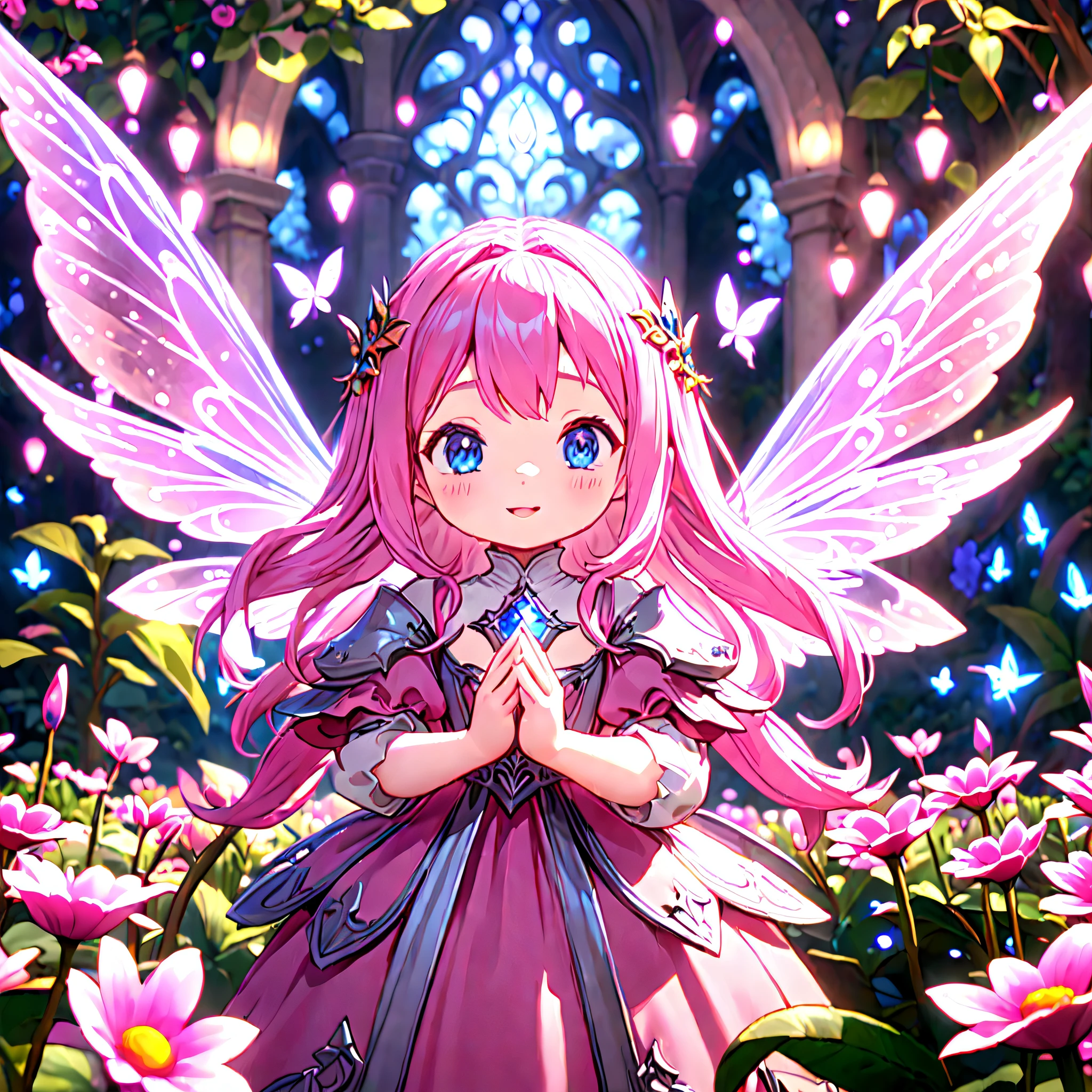 Medium-shot:1.5, Straight-on:1.5, A (Lalafell) with long pink hair, blue eyes, dressed in regal princess pink attire, adorned with delicate fairy wings, with a warm smile, arms open, inviting a hug. Background: A magical, ethereal garden in Eorzea, with sparkling lights, vibrant flowers, and other fantasy elements, enhancing the fairy-tale atmosphere. Soft, enchanting lighting. best quality, masterpiece, ultra-detailed, 8k, depth of field, cinematic composition.