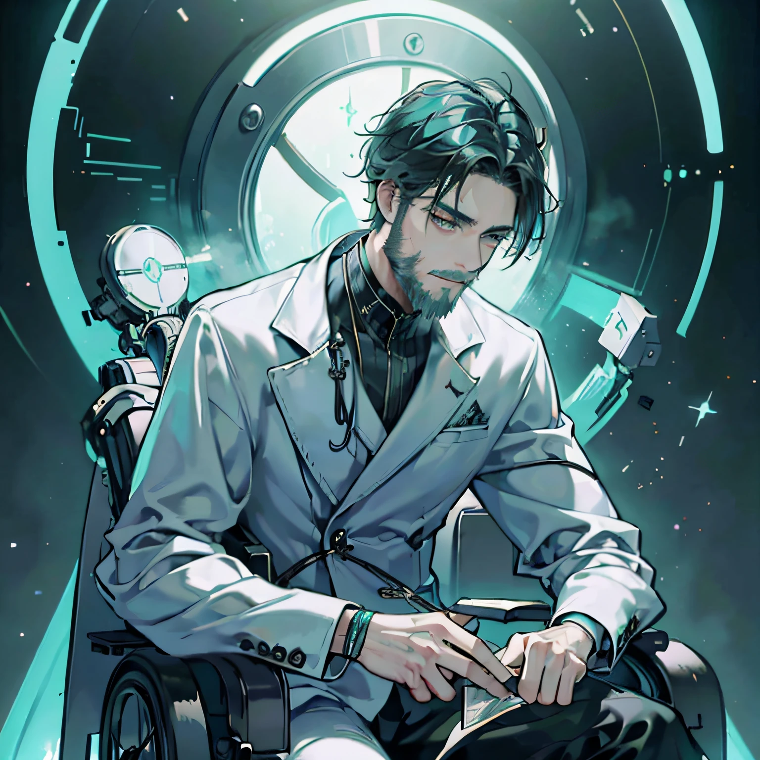 (masterpiece), best quality, expressive eyes, perfect face, Crazy, good looking, egotistical scientist, around 35 years old, emaciated- looking, (umkept beard)-, tired looking. sitting in a **futuristical** **wheelchair** with **robotic** amrs that carry the wheelchair around, the tentacles carry the wheelchair in a *spider-like* manner. scientist has a really short beard, short turquoise and black hair. drawing has a white, turquoise, pale green and cyan colour pallete. Sitting down, legs still. 1 male, handsome, tall muscular guy, broad shoulders, finely detailed eyes and detailed face, extremely detailed CG unity 8k wallpaper, intrincate details.