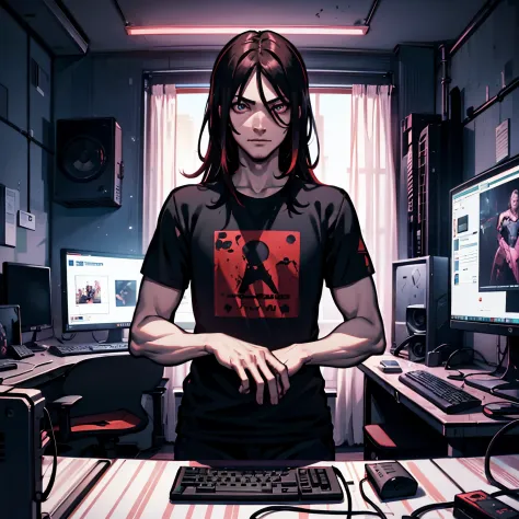 1guy.cool,facing at monitor,clean room,Editing Videos in Gaming Setup,Red and black lights,Gaming Room,Wearing black t shirt,looking at monitor,using mouse and keyboard,Davinci Resolve on Monitor
