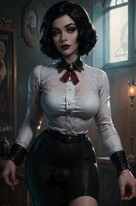 ( there is a woman holding her skirt up and showing her erection, futanari ),( Elizabeth from Burial at Sea ) (realistic:1.5), (...