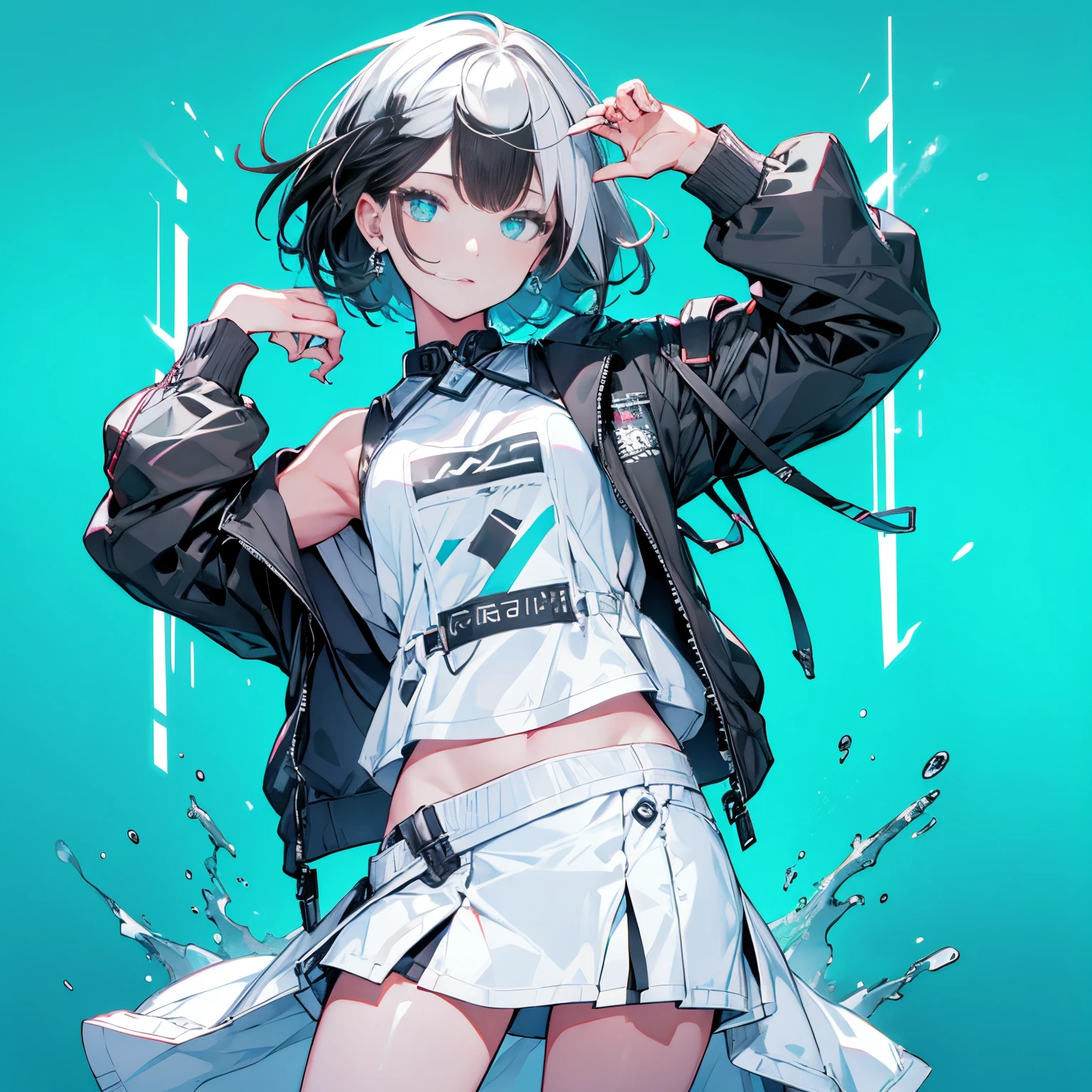 (masutepiece:1.2, Best Quality),  [1 girl in, expressioness, Turquoise eyes, black hair, half short cut hair,White Jacket,jacket comes off, ,Upper body]  (Gray white background:1.2),