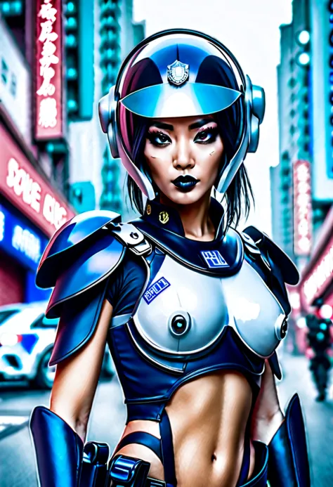 sci-fi city street with police car, beautiful Asian police woman wearing police riot gear bikini and cyberpunk helmet with wide ...