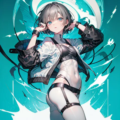 (masutepiece:1.2, Best Quality),  [1 girl in, expressioness, Turquoise eyes, black hair, half short cut hair,White Jacket,jacket...